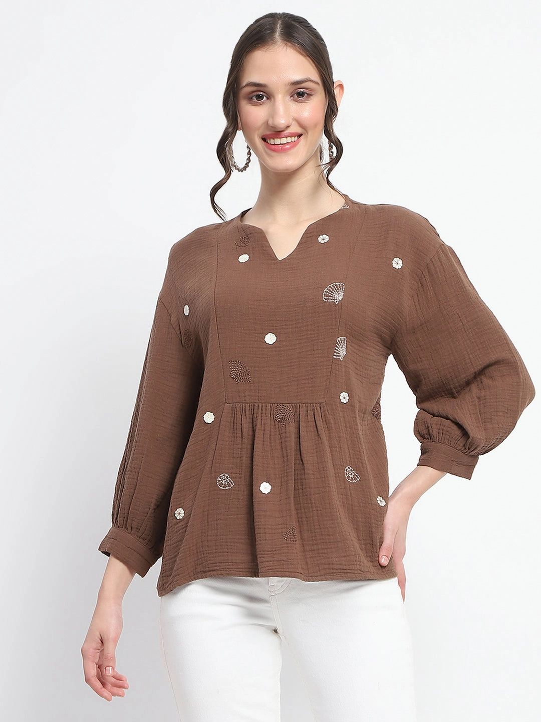 simple design PreShrunkFabric Madame Solid Chocolate Brown Embroidery Detailed Cotton Top