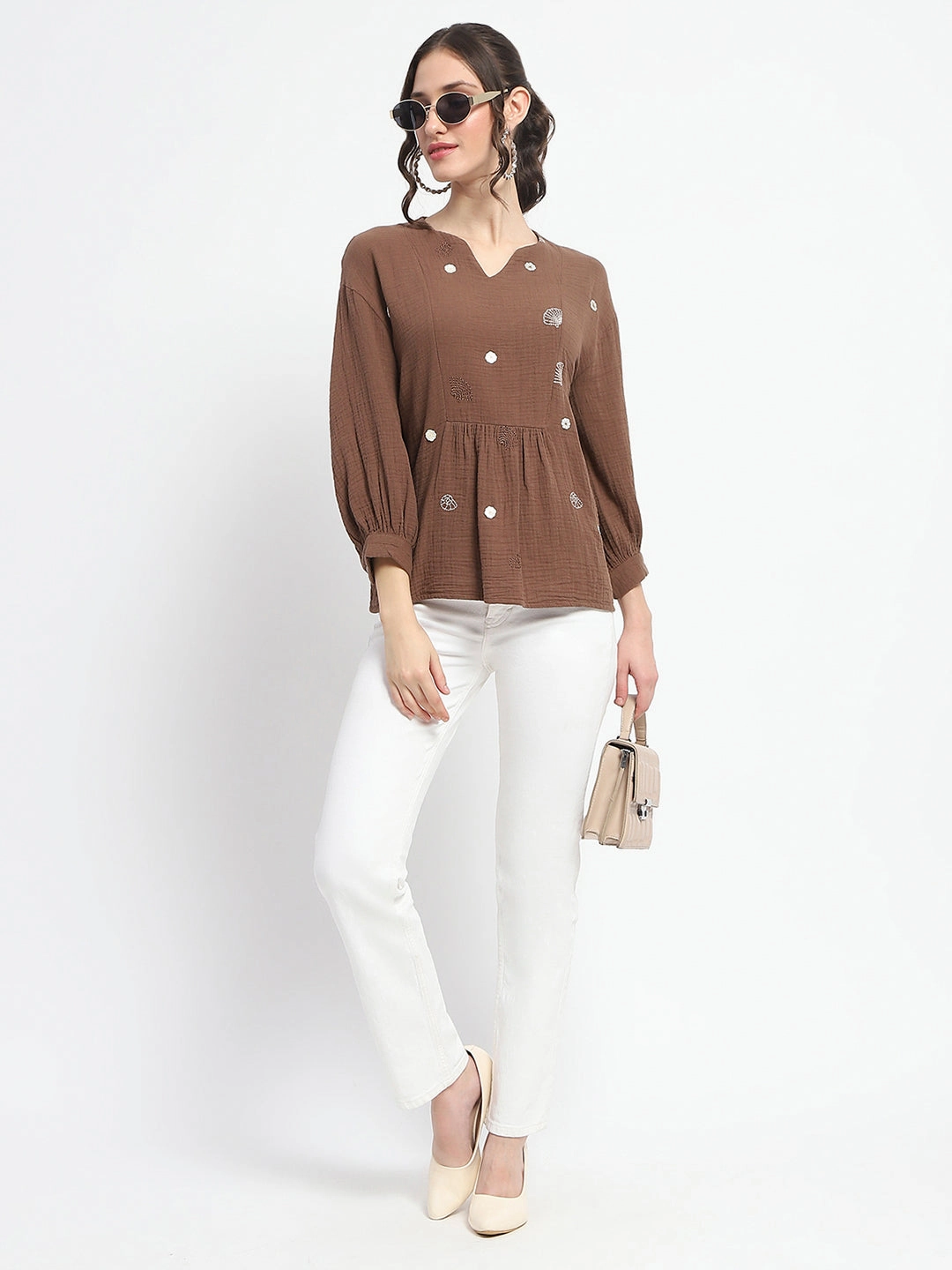 Eco friendly materials Ribbed Hemline Madame Solid Chocolate Brown Embroidery Detailed Cotton Top