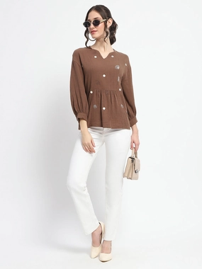 Eco friendly materials Ribbed Hemline Madame Solid Chocolate Brown Embroidery Detailed Cotton Top