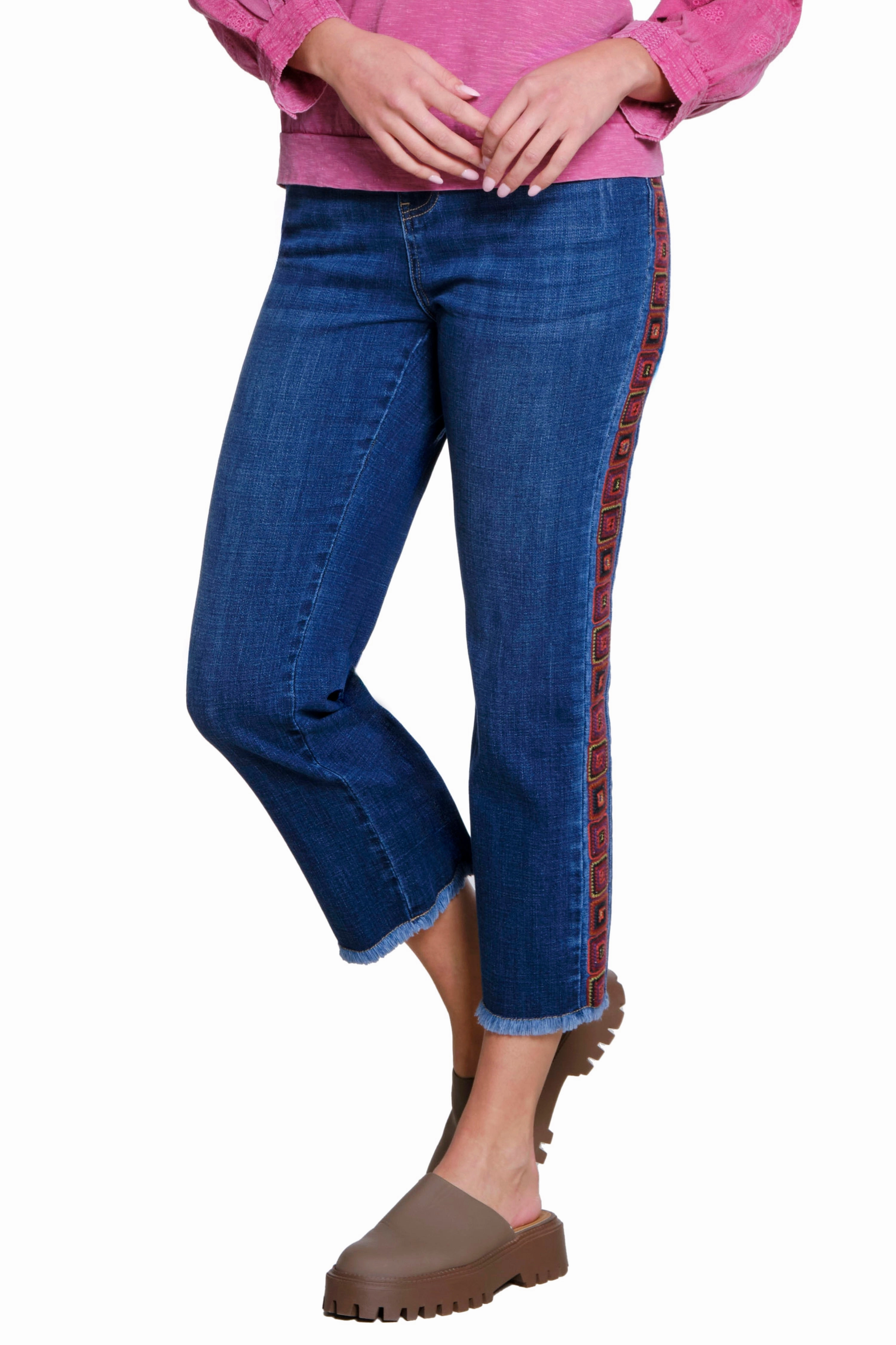 Seamless Wear Hygienic Inner Layer Embroidered Straight Leg Jeans ?C Dark Indigo