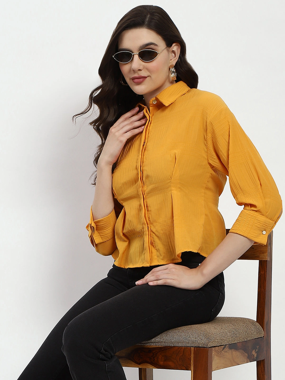 Madame Cinched Waist Mustard Shirt Button-up Sustainable Material