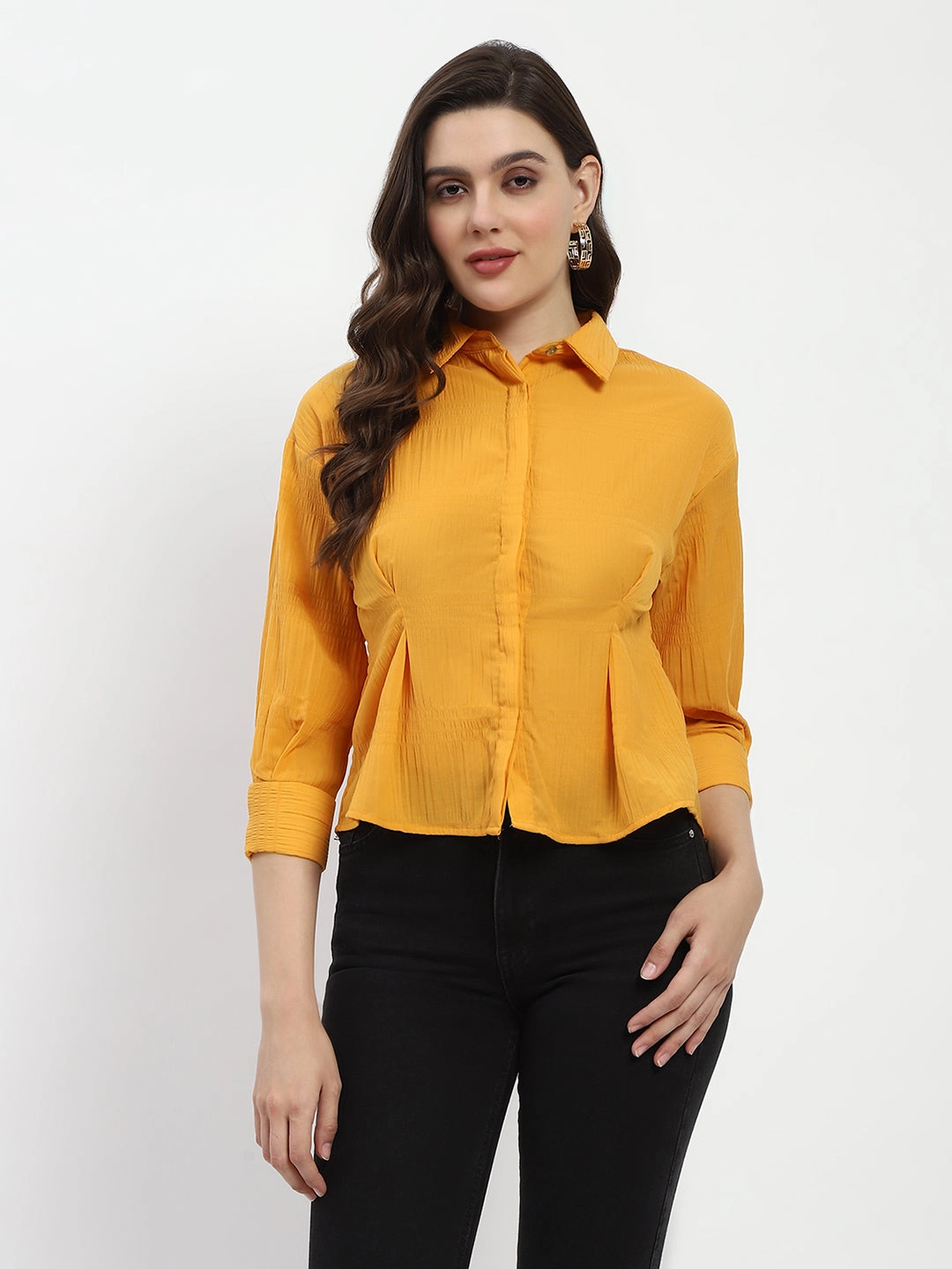 Madame Cinched Waist Mustard Shirt Stylish Detail