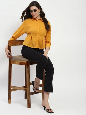 Sheer Panel Madame Cinched Waist Mustard Shirt