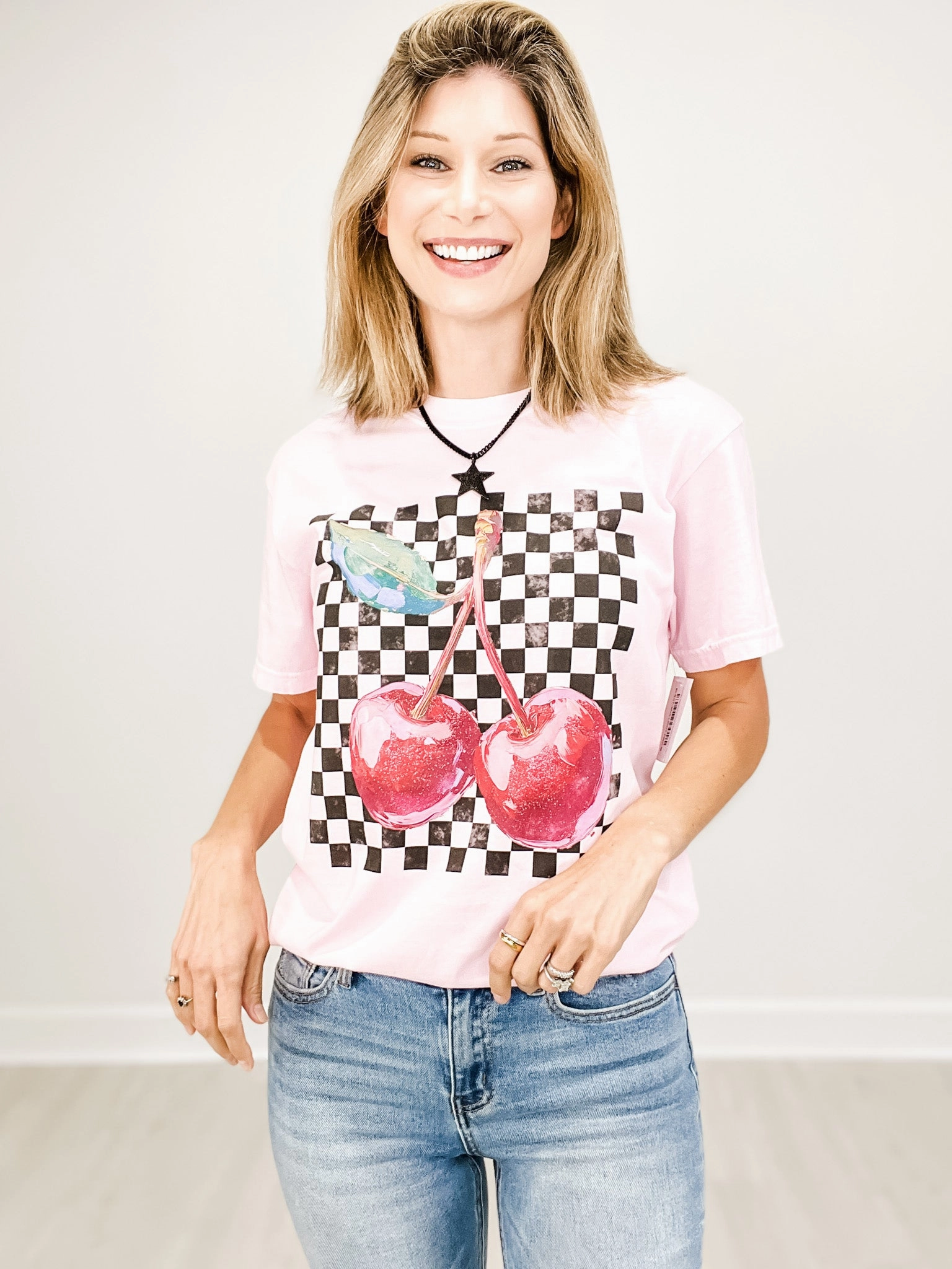 Soft Material EcoFriendlyTexture Cherries Distressed Checker Pattern Graphic Tee