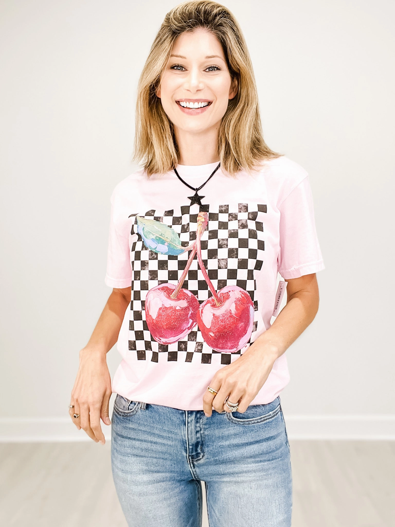 Cherries Distressed Checker Pattern Graphic Tee Hidden Zipper Closure Versatile Base Layer