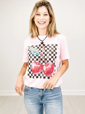 Soft Material EcoFriendlyTexture Cherries Distressed Checker Pattern Graphic Tee