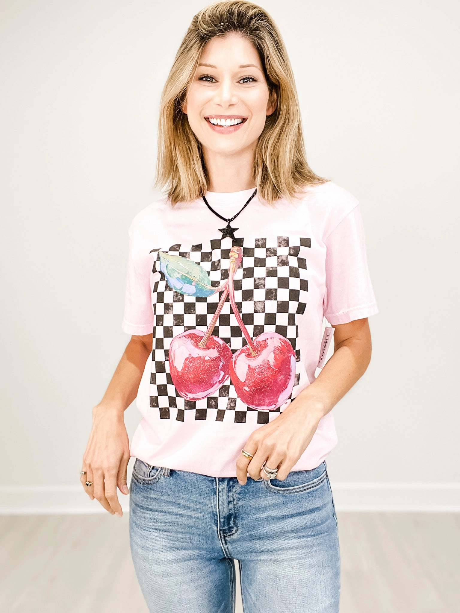 Cherries Distressed Checker Pattern Graphic Tee Hydrophobic Threadwork