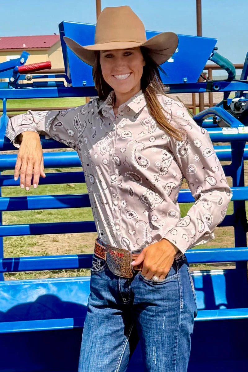 Sterling Kreek Bandana Country Button Up Top Roll Up Sleeve Design