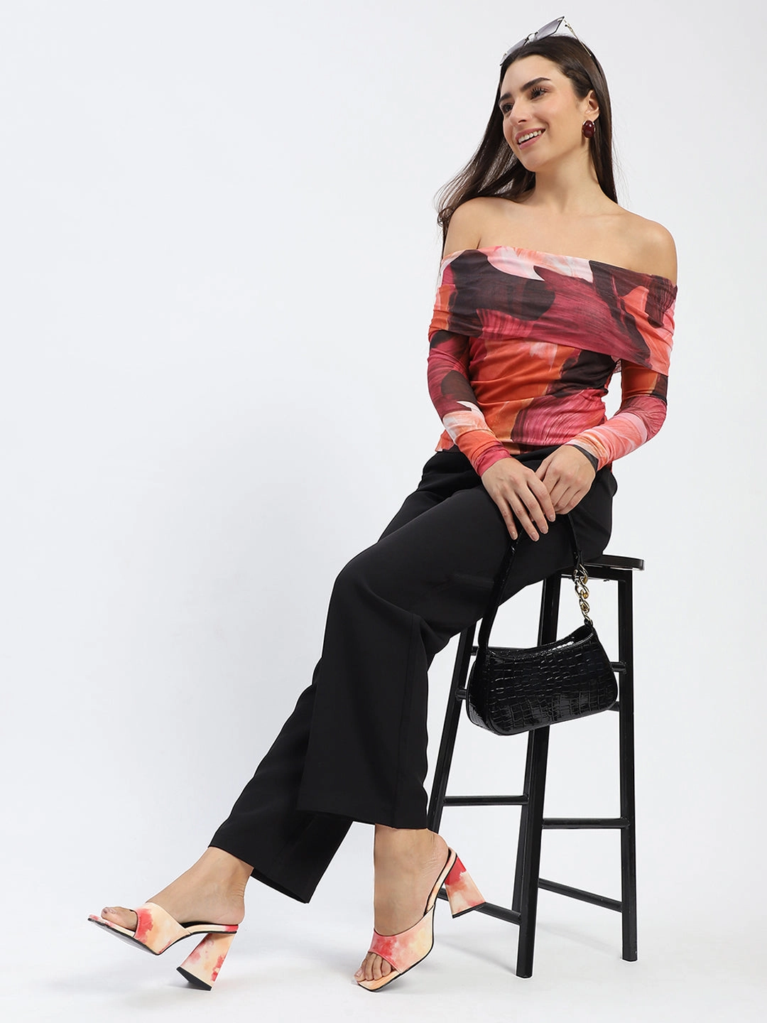 Madame Off Shoulder Semi Sheer Abstract Print Orange Top Microfiber Blended Fabric Weighted Hem Trim