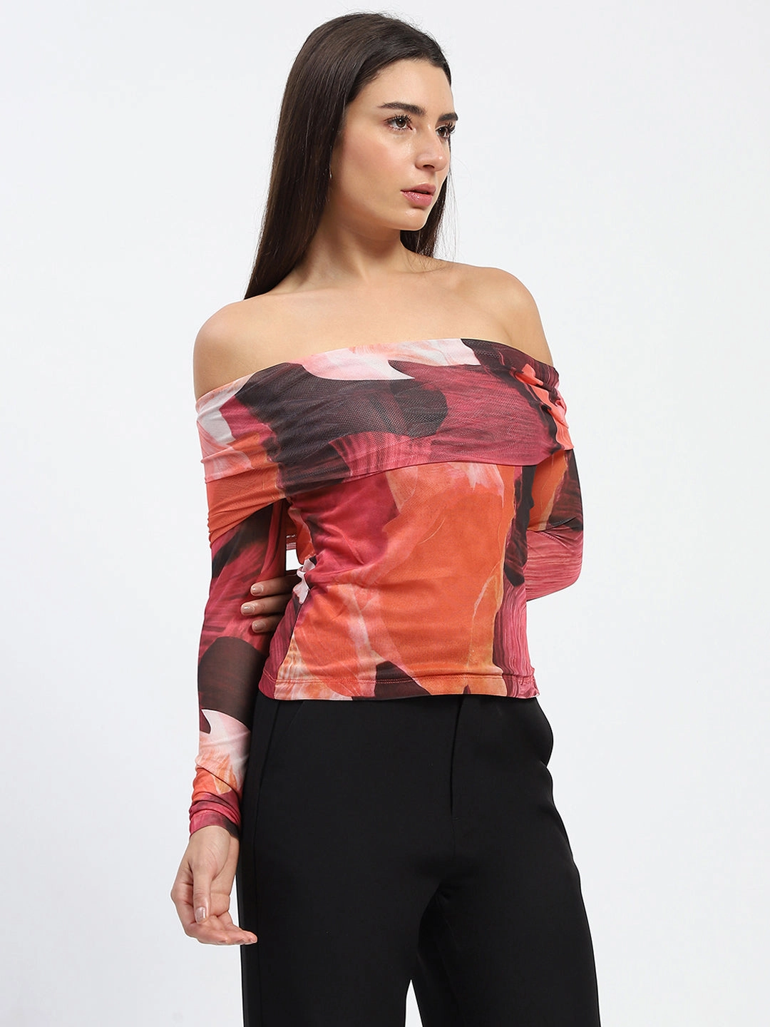 Madame Off Shoulder Semi Sheer Abstract Print Orange Top SoftFeel Fabric Hypoallergenic Inner Layer