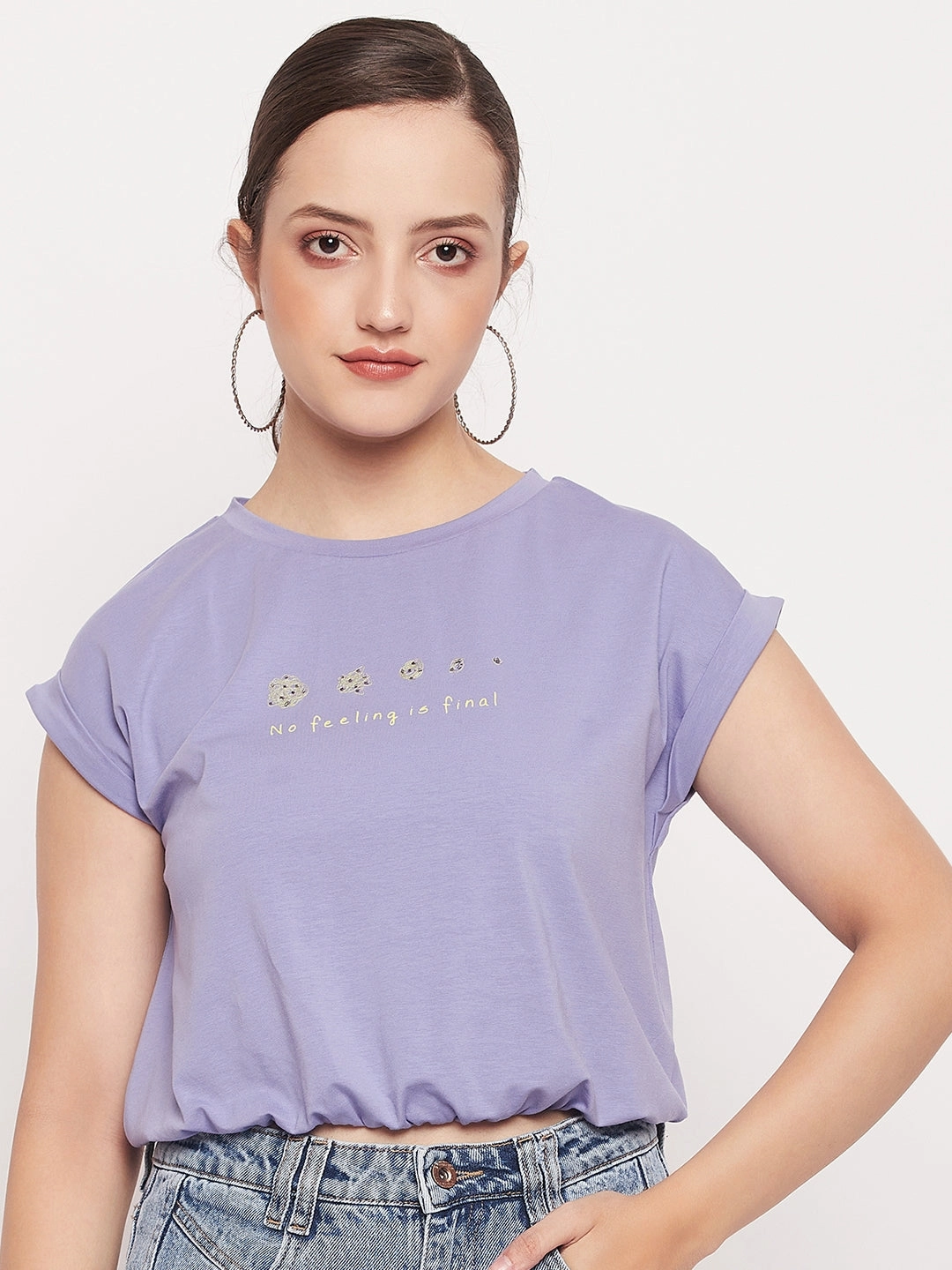 Circular Knit Technique Scoop Neck Shape Madame Solid Violet Typography Cuffed Half Sleeves Elasticated Waist Top
