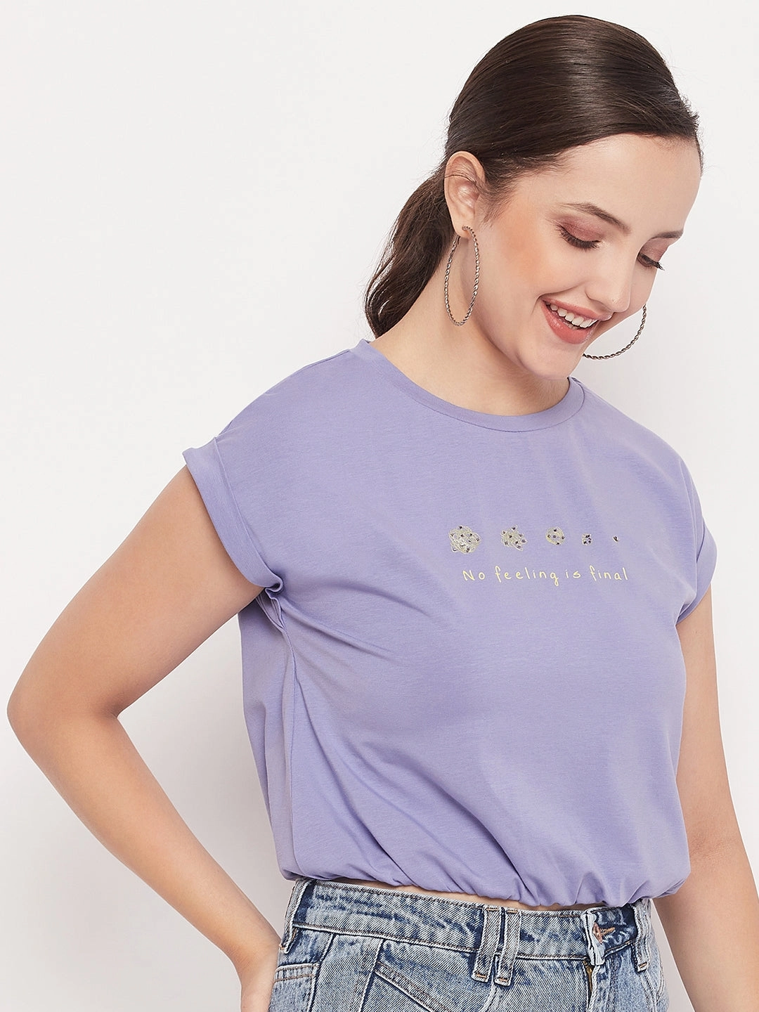 Madame Solid Violet Typography Cuffed Half Sleeves Elasticated Waist Top LaserCut Edges