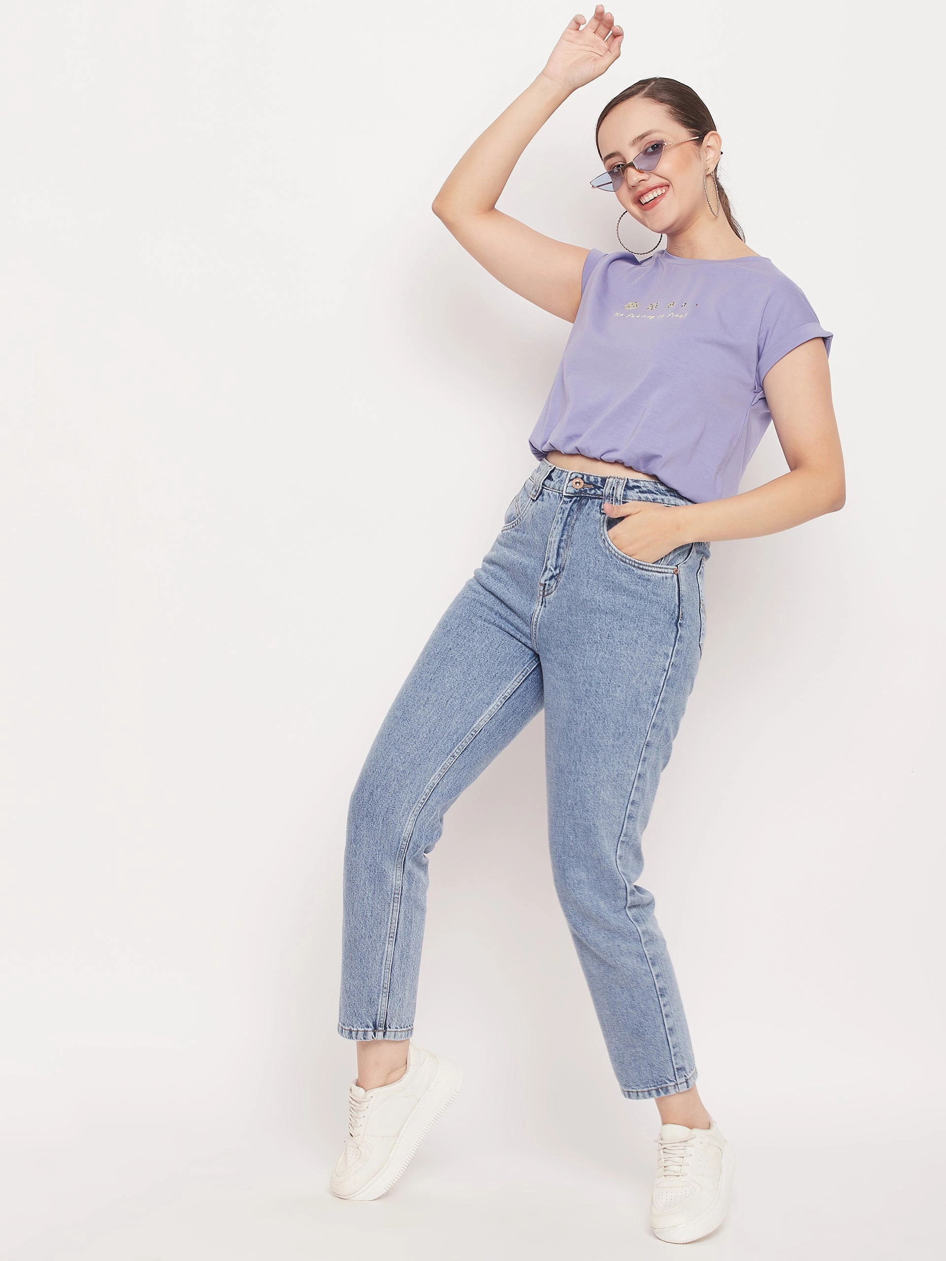 Madame Solid Violet Typography Cuffed Half Sleeves Elasticated Waist Top Hypoallergenic Lining MoistureWicking Technology