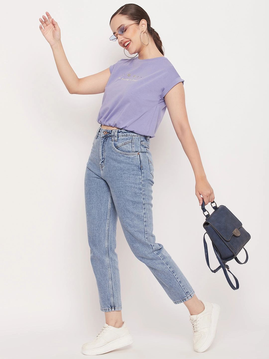 Madame Solid Violet Typography Cuffed Half Sleeves Elasticated Waist Top Contrast Stitch