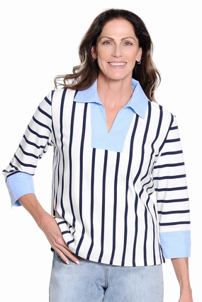 Stripe Knit Top with Woven Trim - Multi Shrinkage Prevention Treatment Ergonomic Shoulder Shape