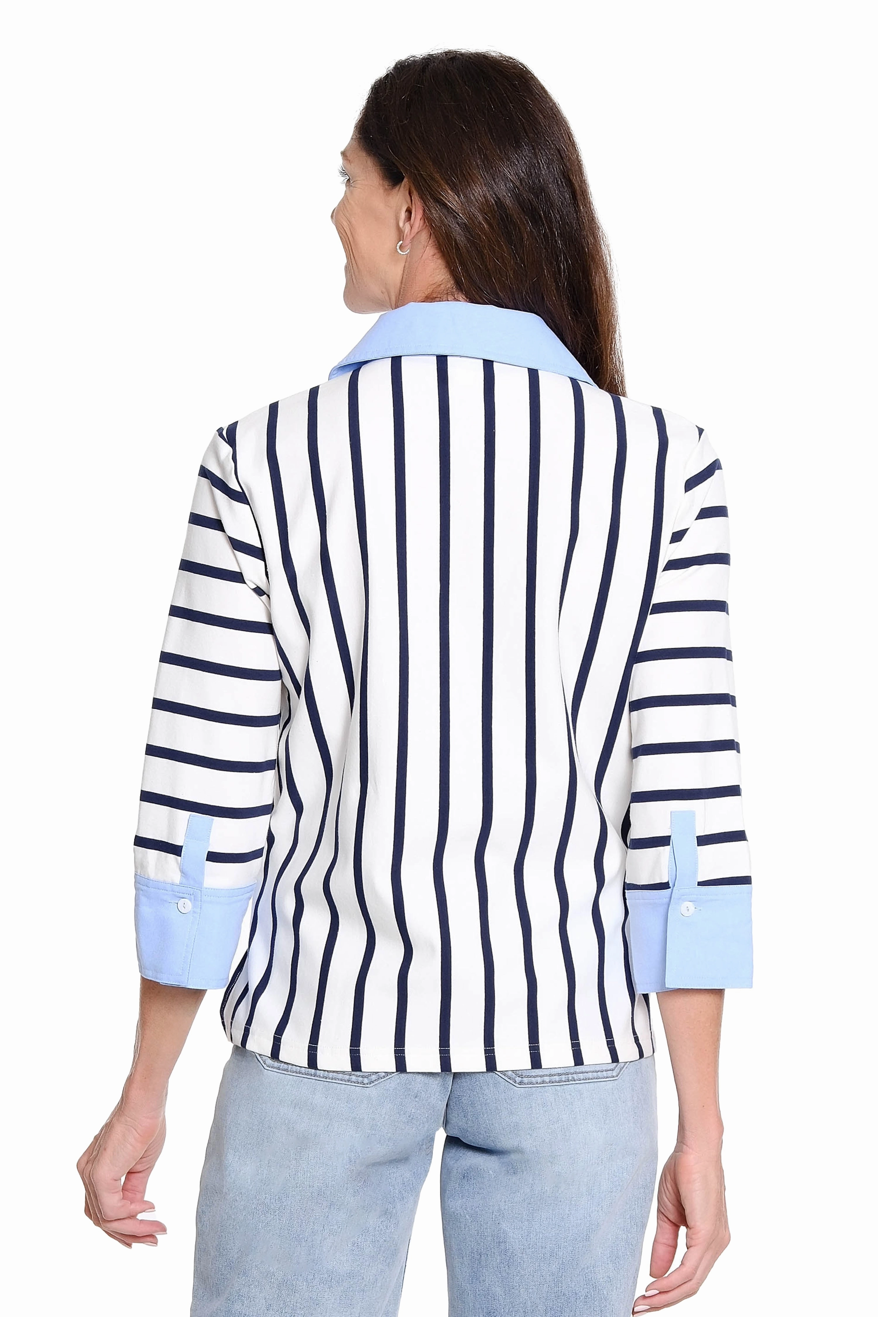 Lightweight Weave Material All-Purpose Stripe Knit Top with Woven Trim - Multi