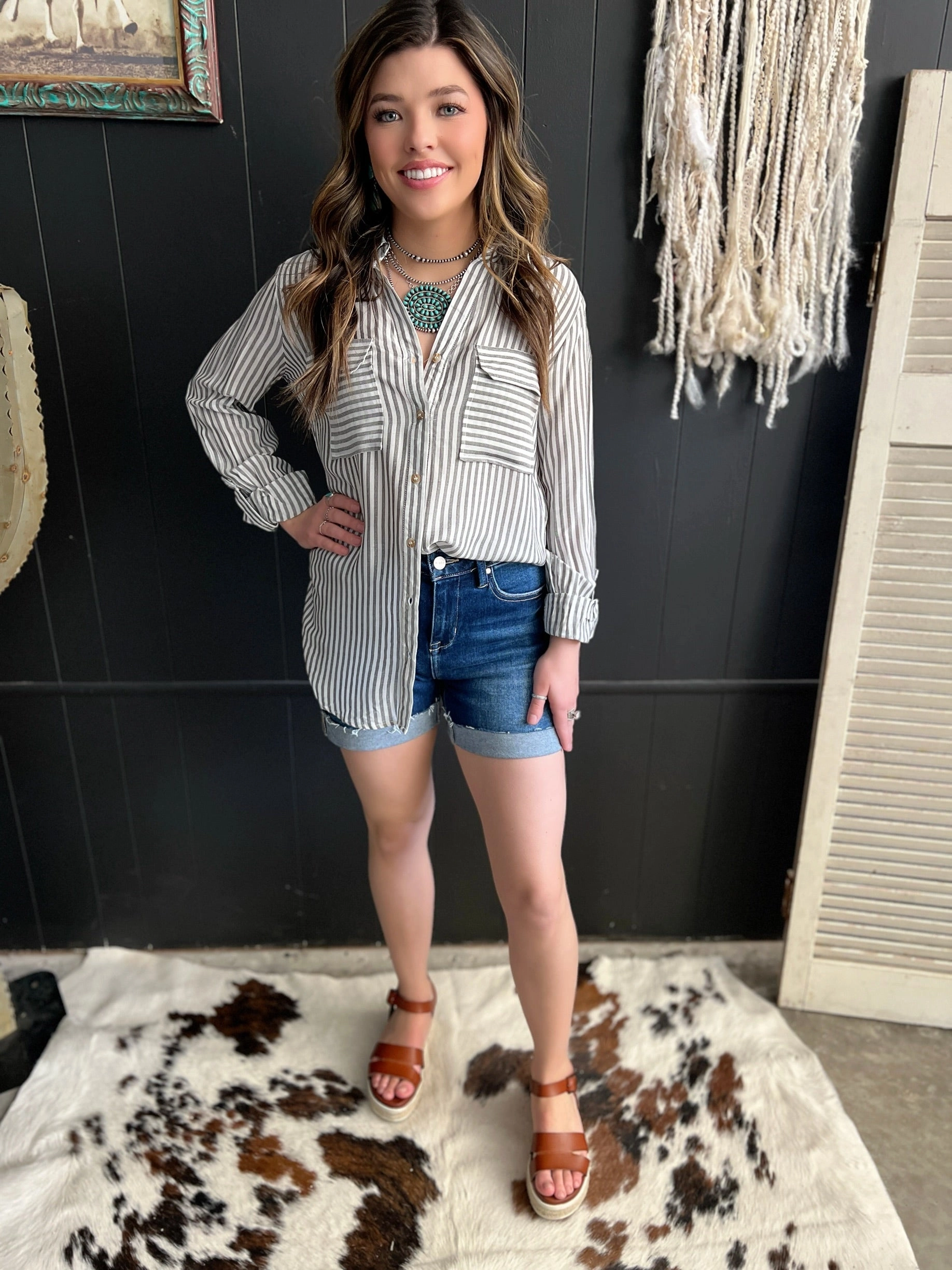 Striped Collared Lightweight Button Down Shirt NaturalFiberBlend LayeredNeckline