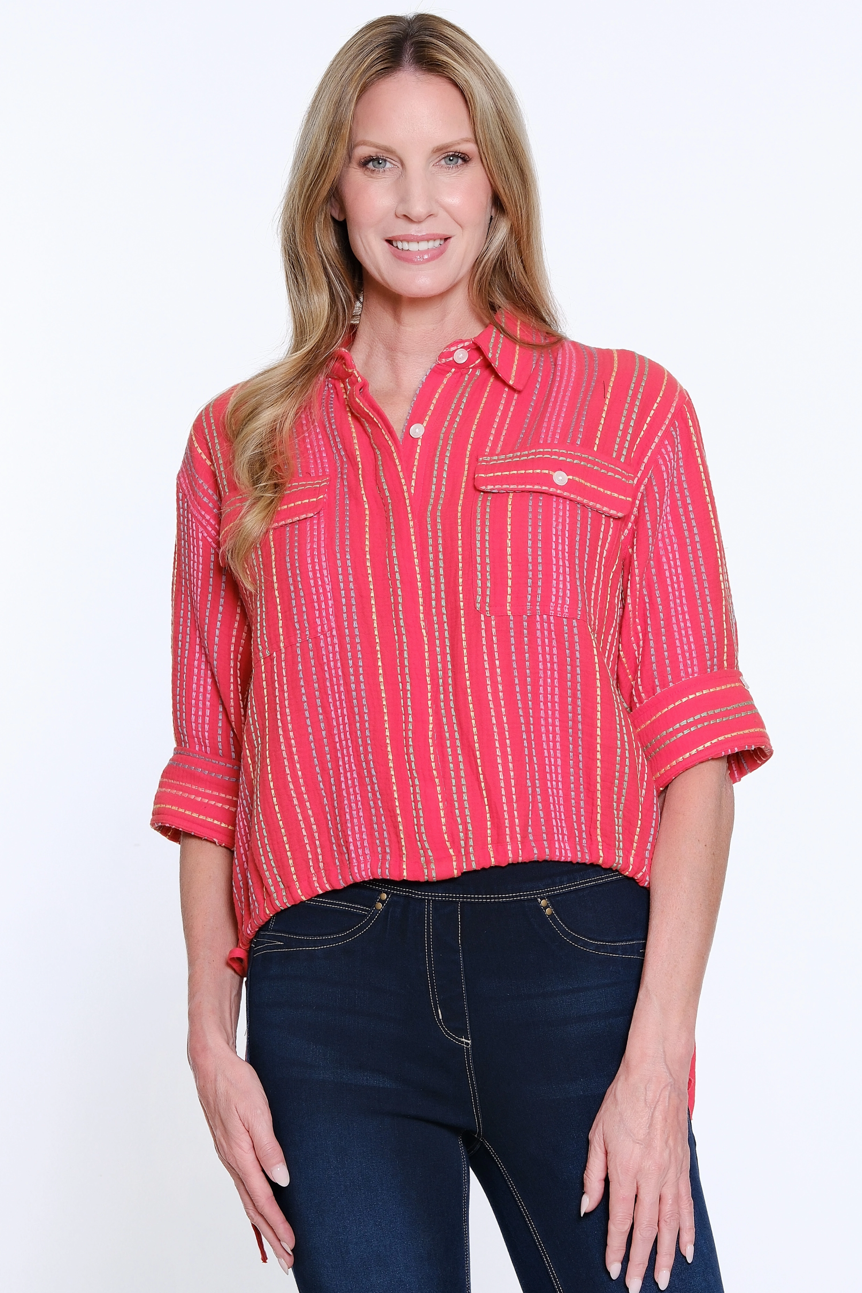 Striped Drawstring Waist Button-Up Shirt - Red Stylish Look Compression Gradient