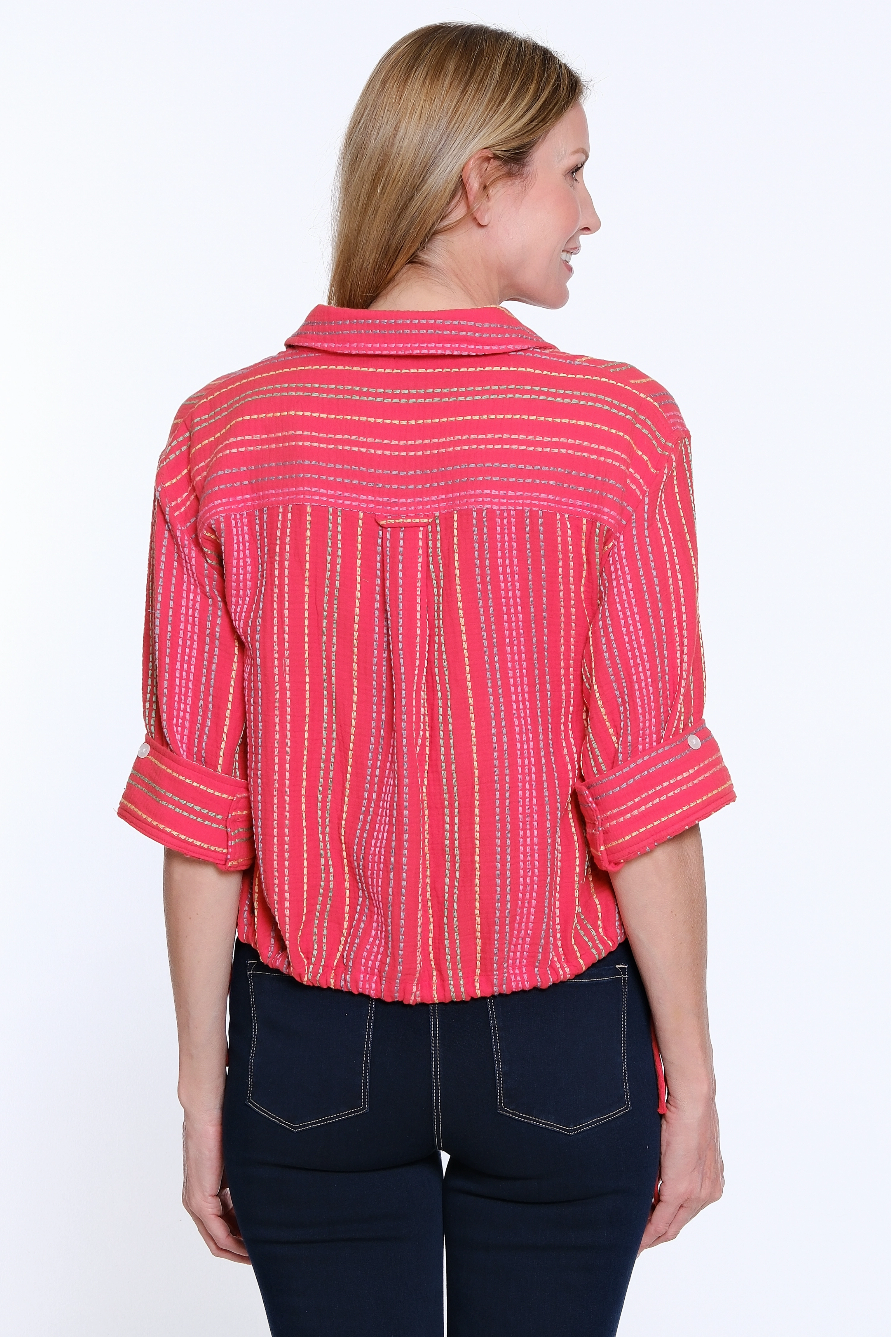 Striped Drawstring Waist Button-Up Shirt - Red FadeResistant