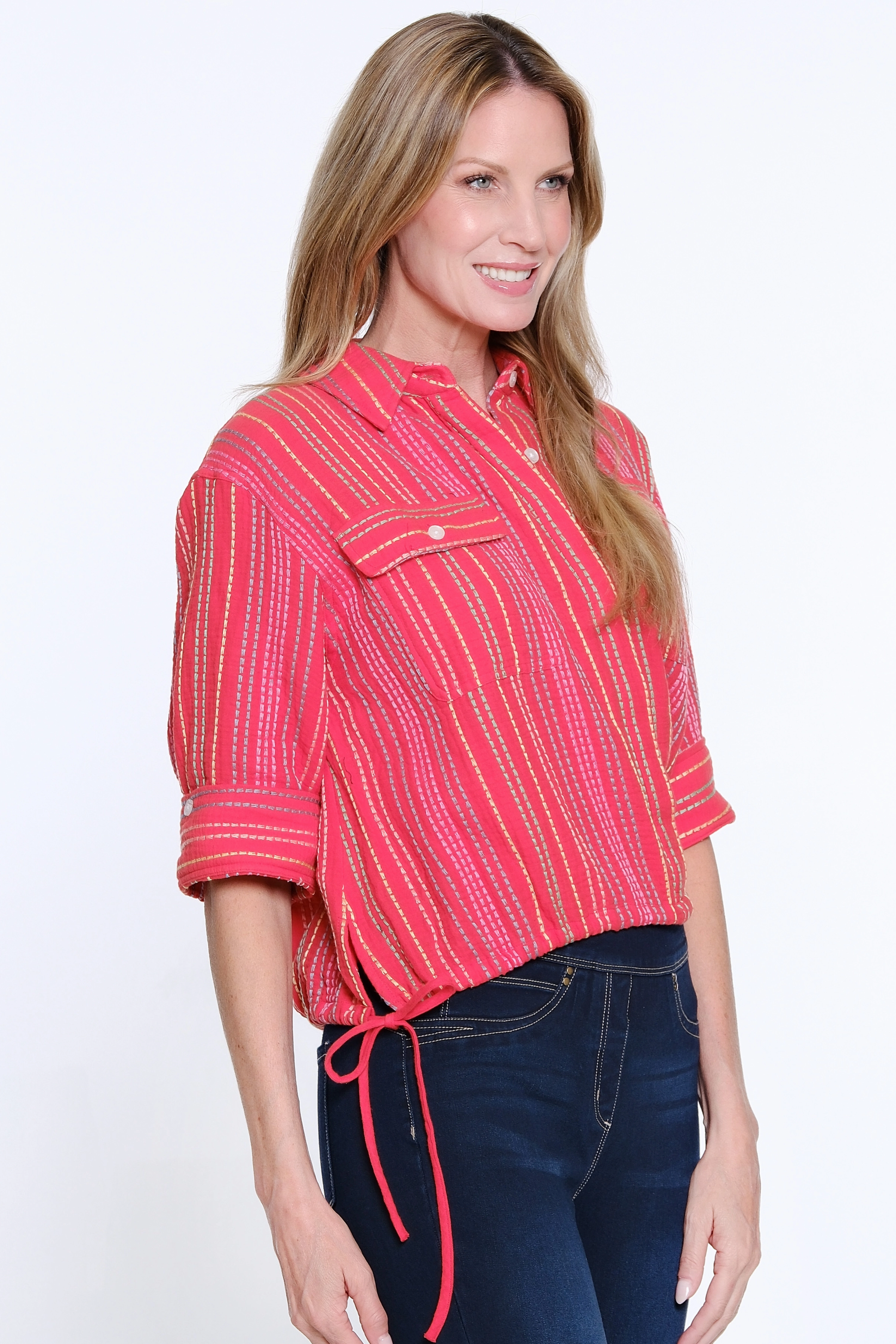 Slim Silhouette Striped Drawstring Waist Button-Up Shirt - Red