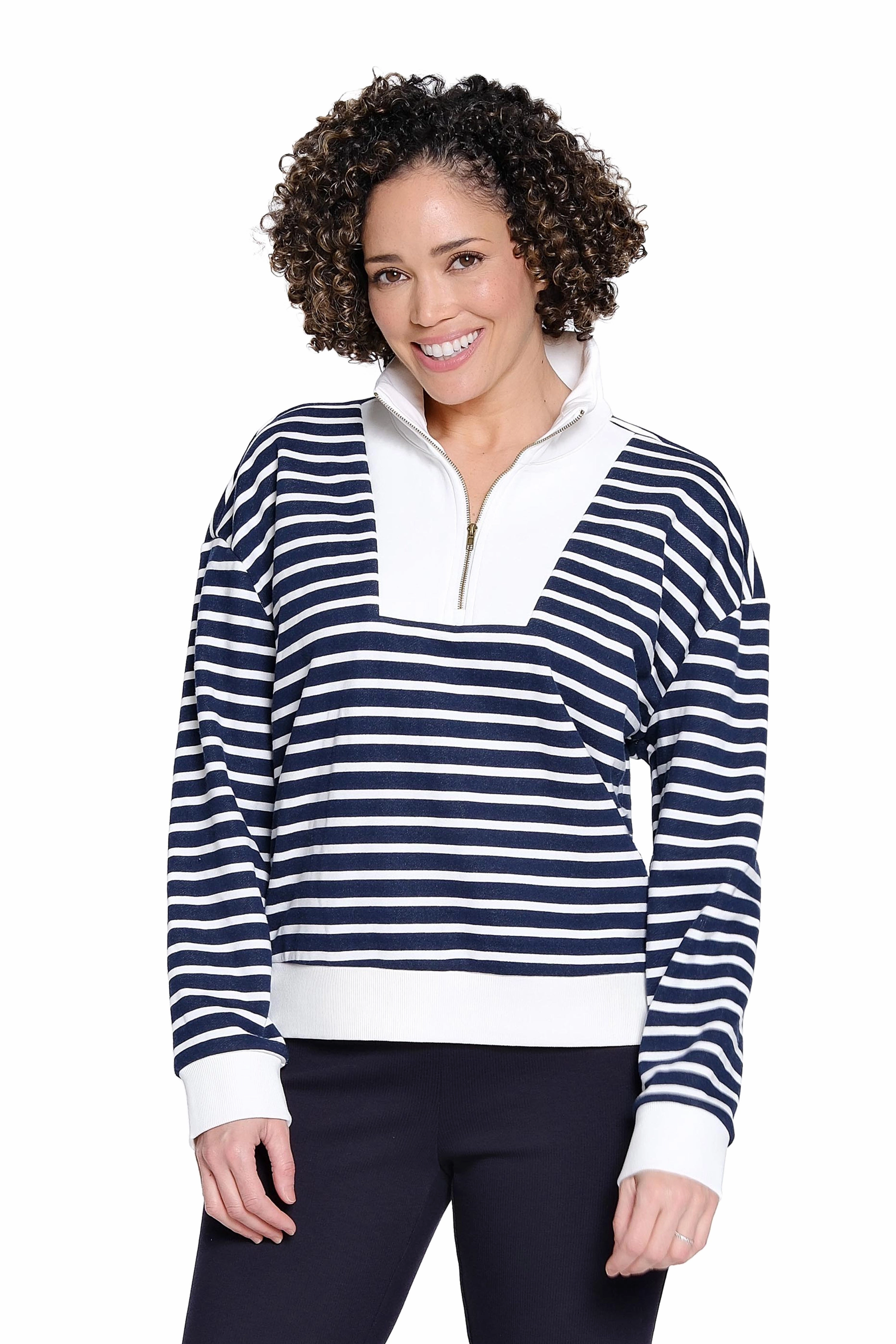 Striped Half Zip Pullover - Navy Stripe MultiDirectionalStretch