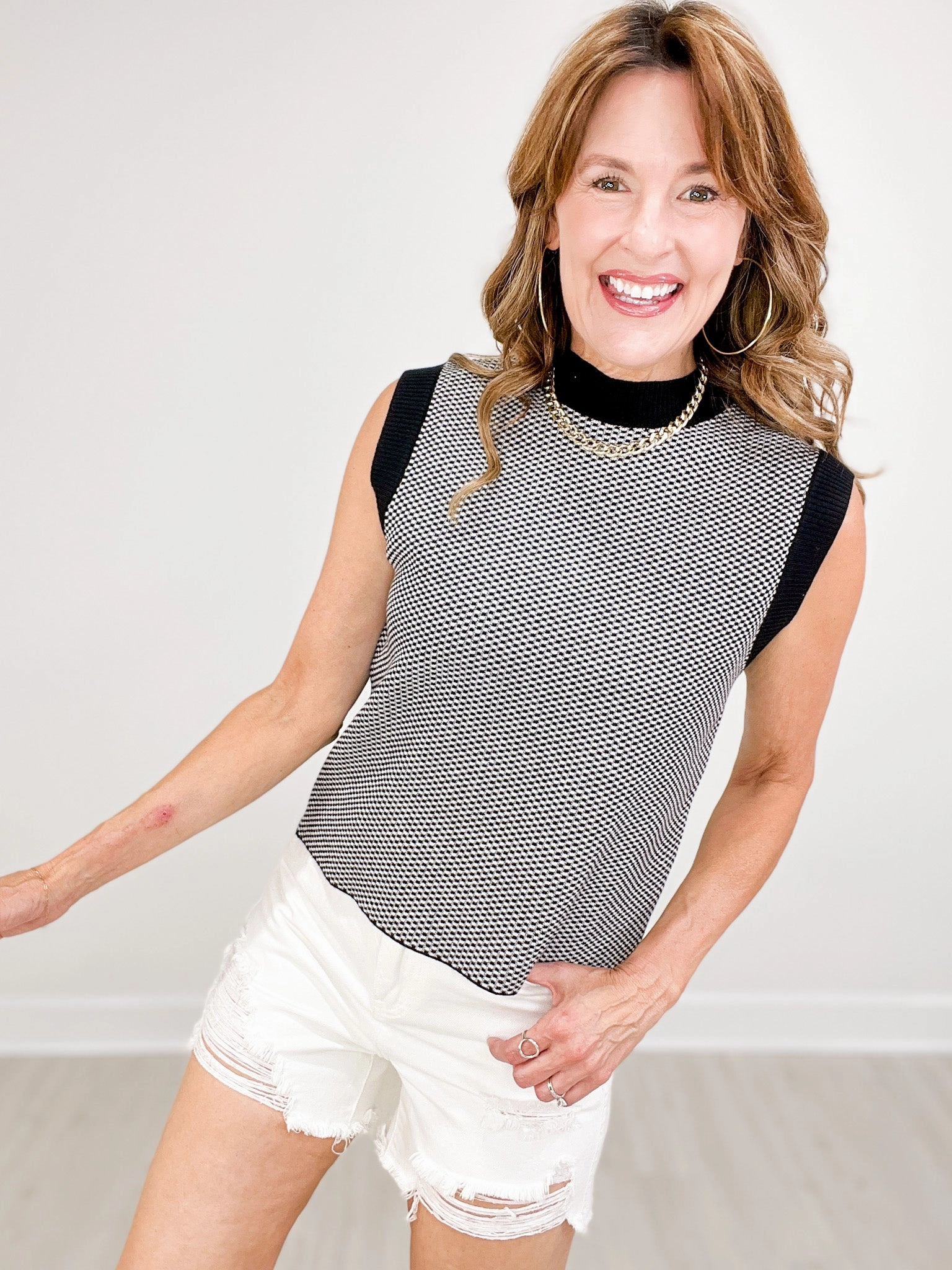 Sleeveless Checker Knit Top with Ribbed Band Neckline PreShrunk Fabric