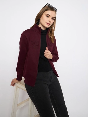Madame Embroidery Detailied Wine Fleece Sweatshirt Chill Outfit
