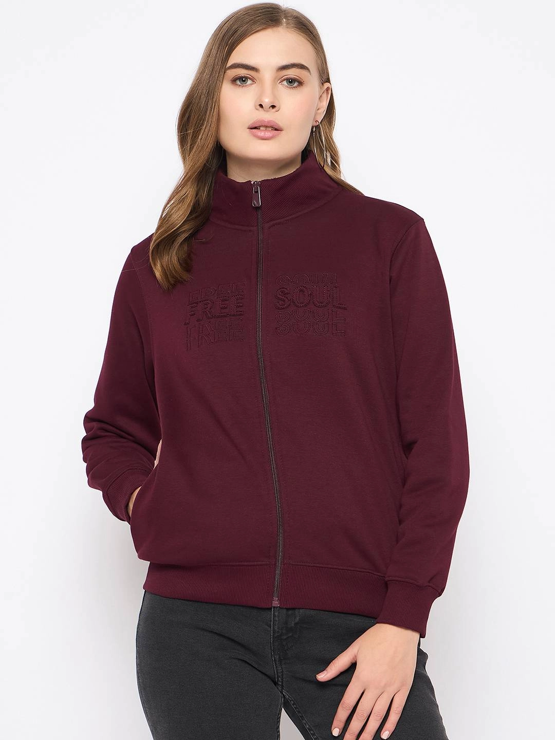 Madame Embroidery Detailied Wine Fleece Sweatshirt Relaxed Fashion Weekend Minimal