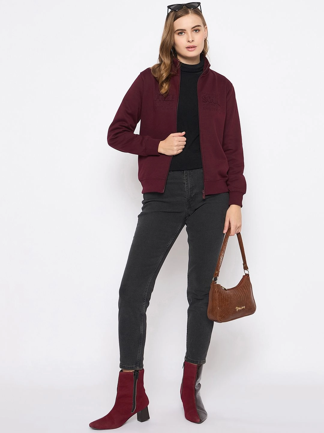 Earth Tones Easy Look Madame Embroidery Detailied Wine Fleece Sweatshirt