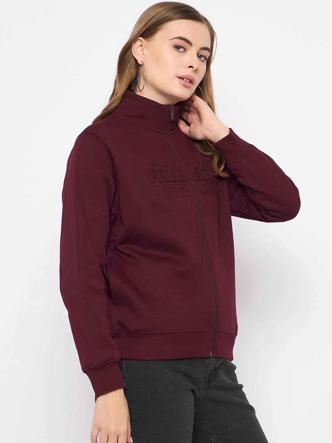 Madame Embroidery Detailied Wine Fleece Sweatshirt Relaxed Fit Hoodie Relaxed Fit
