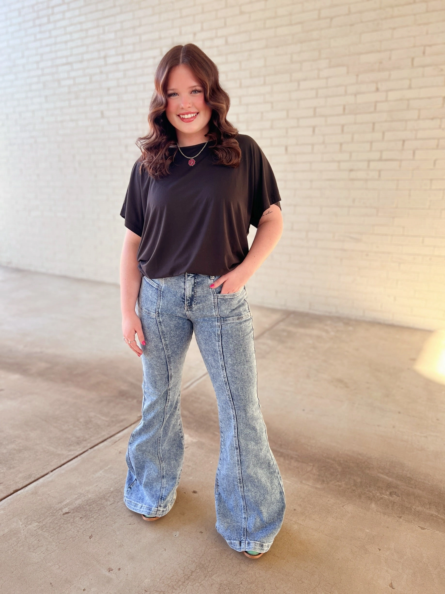 All-Purpose Comfort Easy Care Fabric Finish High Rise Tummy Control Bell Bottom With Outward Seam