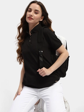 Eco Friendly Dye slim fit Madame Solid Black Polo Neck T-Shirt