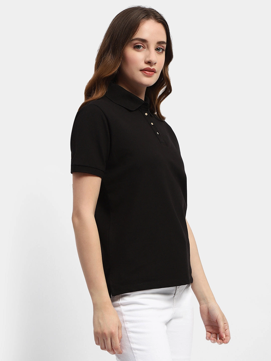 Madame Solid Black Polo Neck T-Shirt Formal Wear