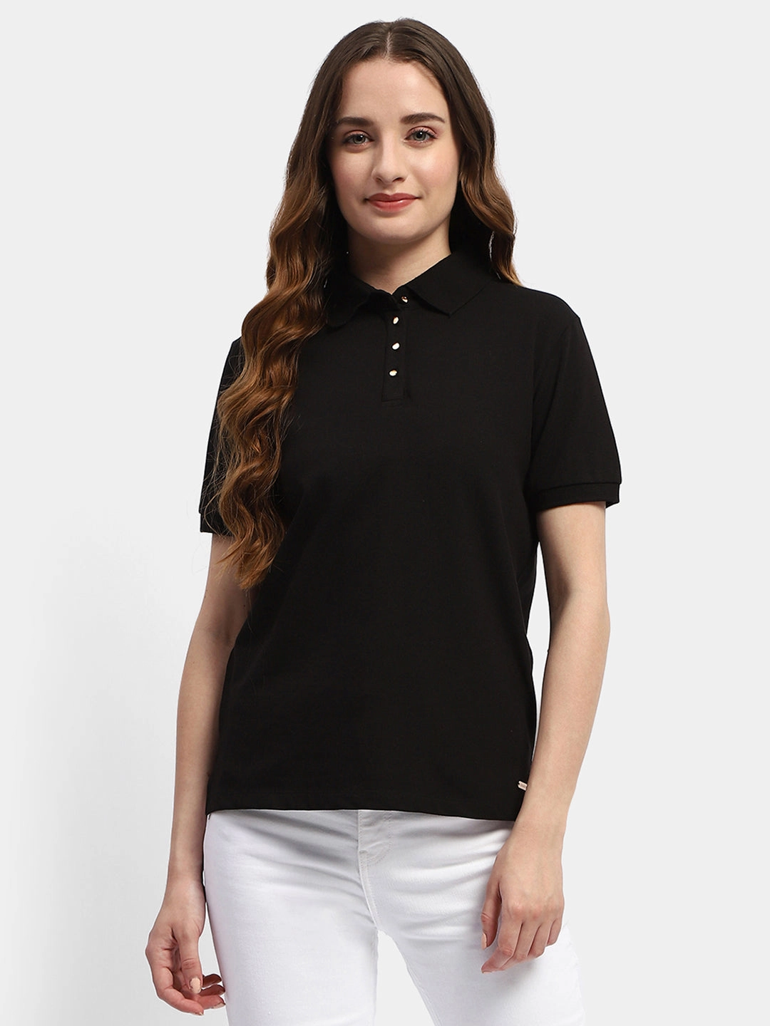 Madame Solid Black Polo Neck T-Shirt Stretch Knit Material
