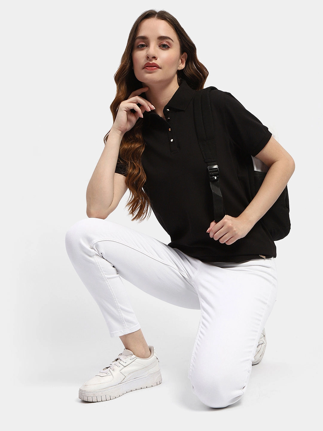 Light Deflection Fabric Madame Solid Black Polo Neck T-Shirt