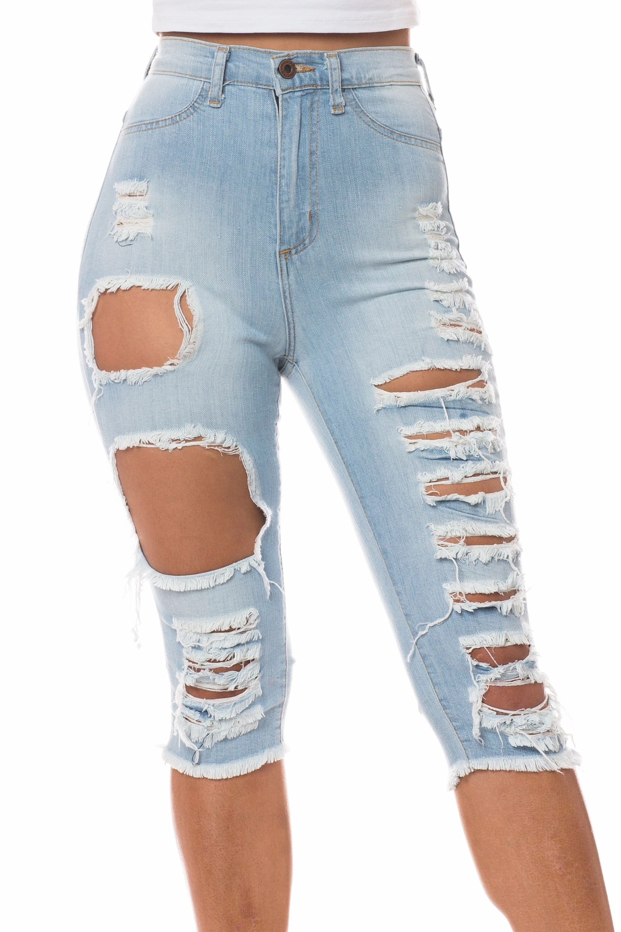 Plain Comfort 7037 Super High Waisted Distressed Cropped Capri Jeans