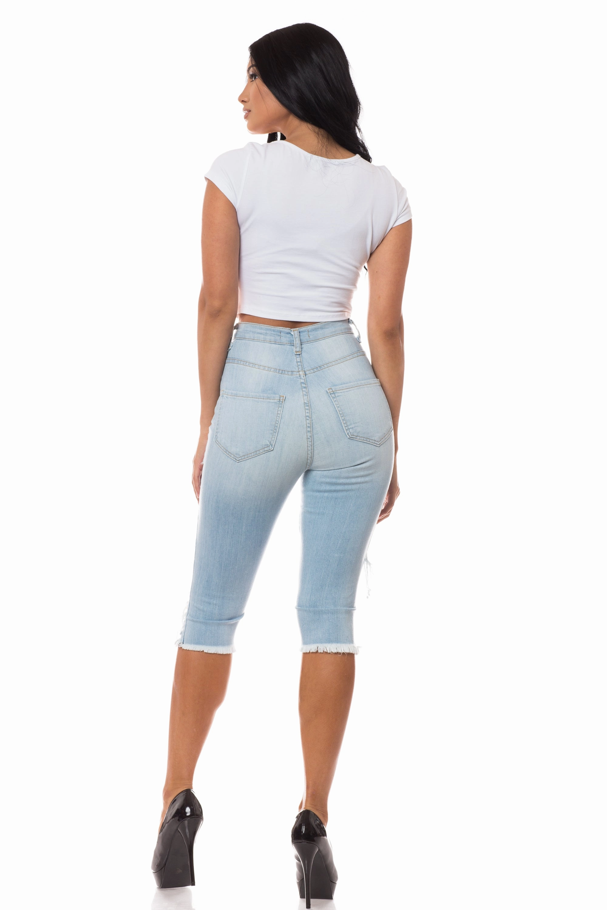 7037 Super High Waisted Distressed Cropped Capri Jeans Timeless Match