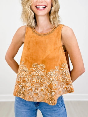 Flexible Neckline Suede Studded Embroidered Swing Tank