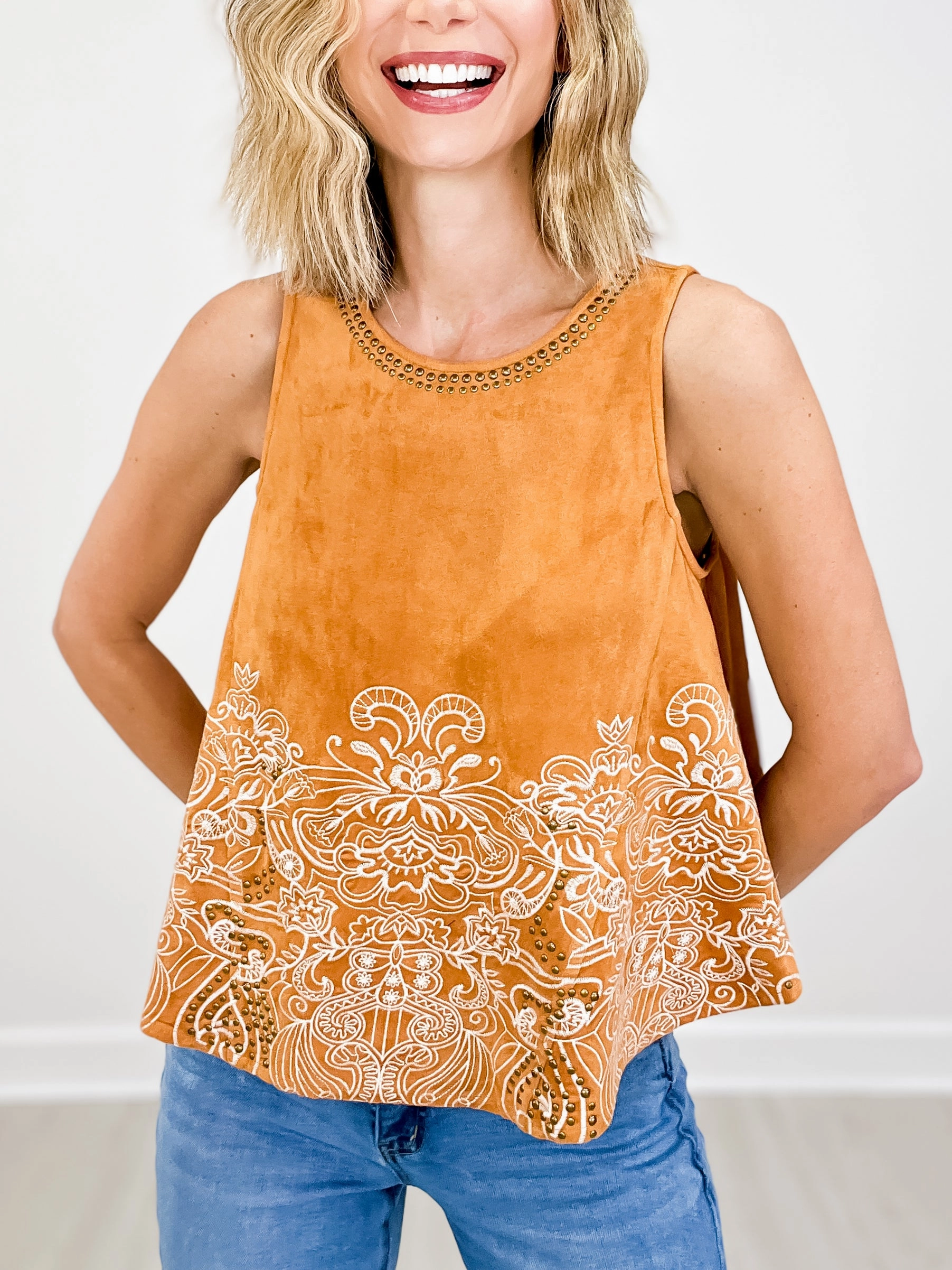 Flexible Neckline Suede Studded Embroidered Swing Tank