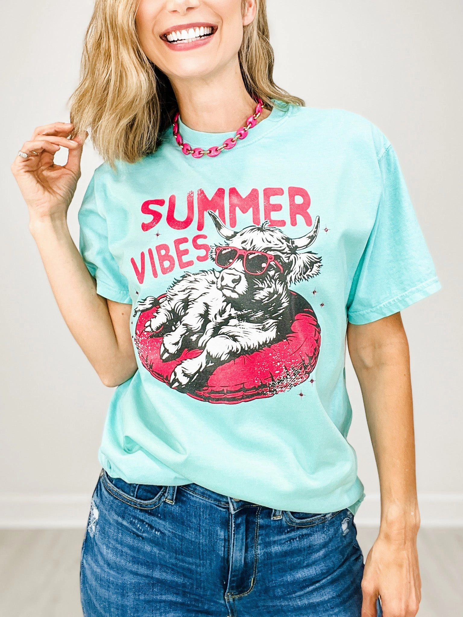 Summer Vibes Cow Rhinestones Graphic Tee EcoCertified Material Adaptive Fit Technology