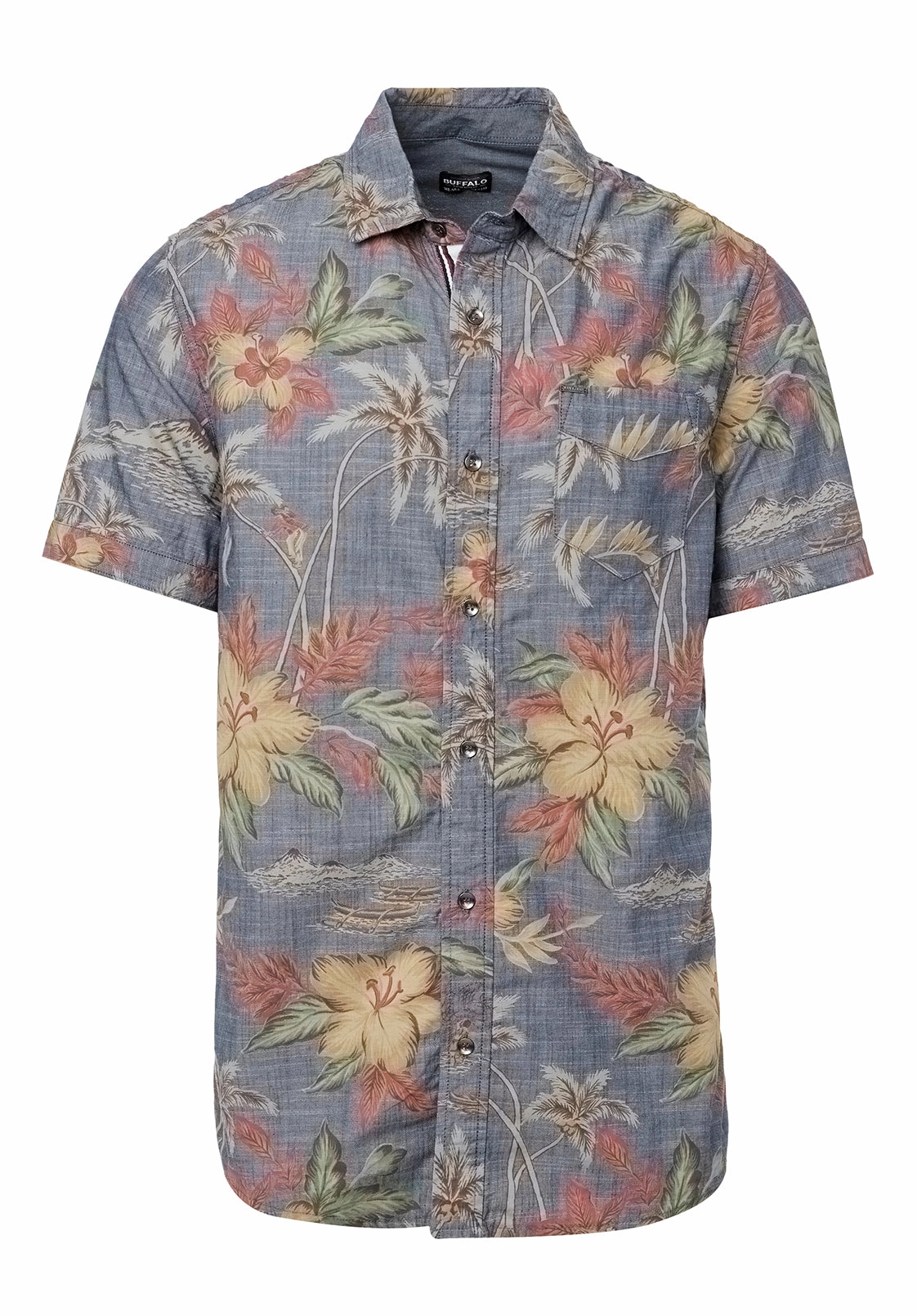 Timeless Comfort Eye-Catching Pattern Sunil Short-Sleeve Chambray Printed Shirt, Mirage - BM23893