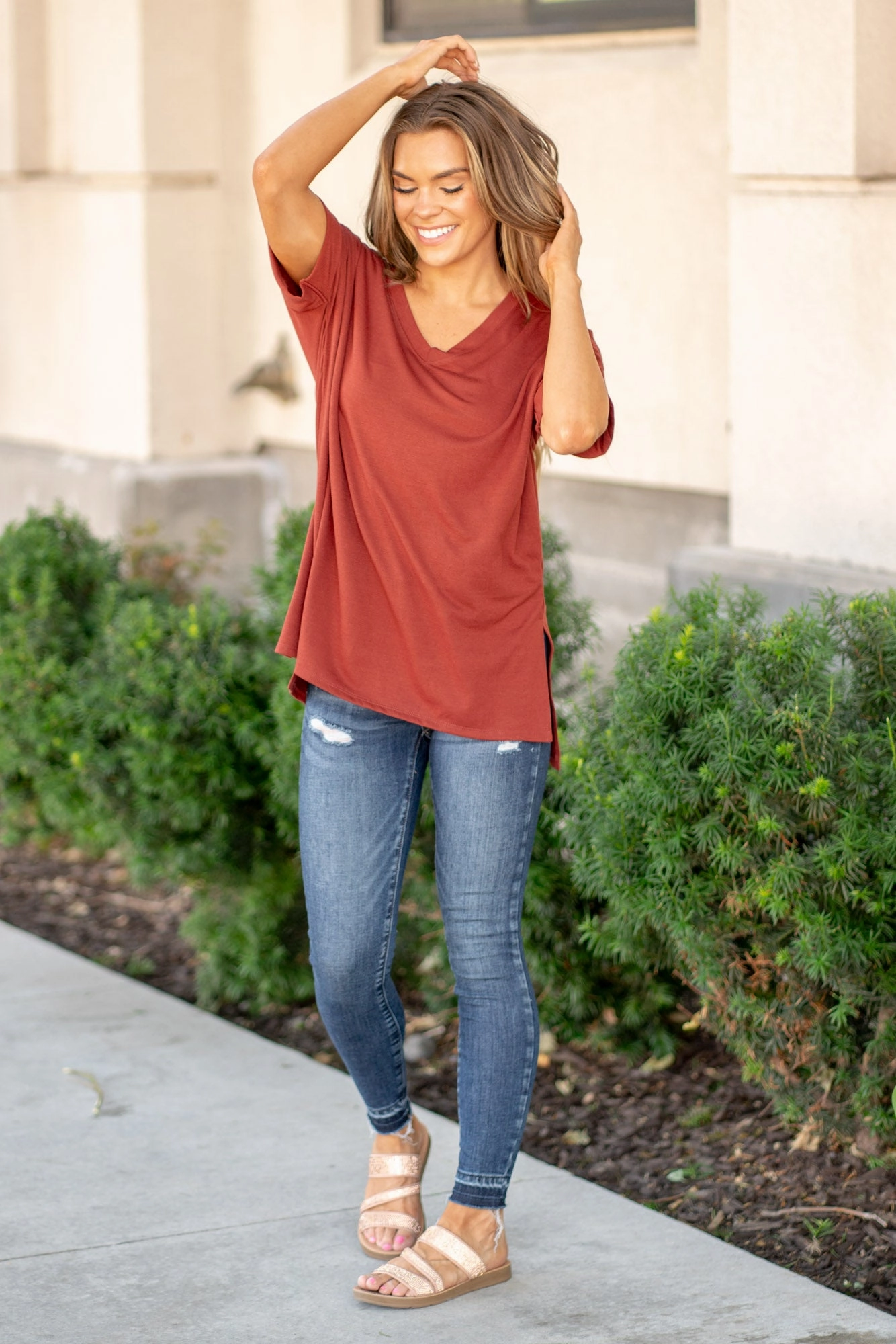 Super Soft  High Low Hem V Neck Top - Dark Rust T-Shirt print design Comfort Stretch