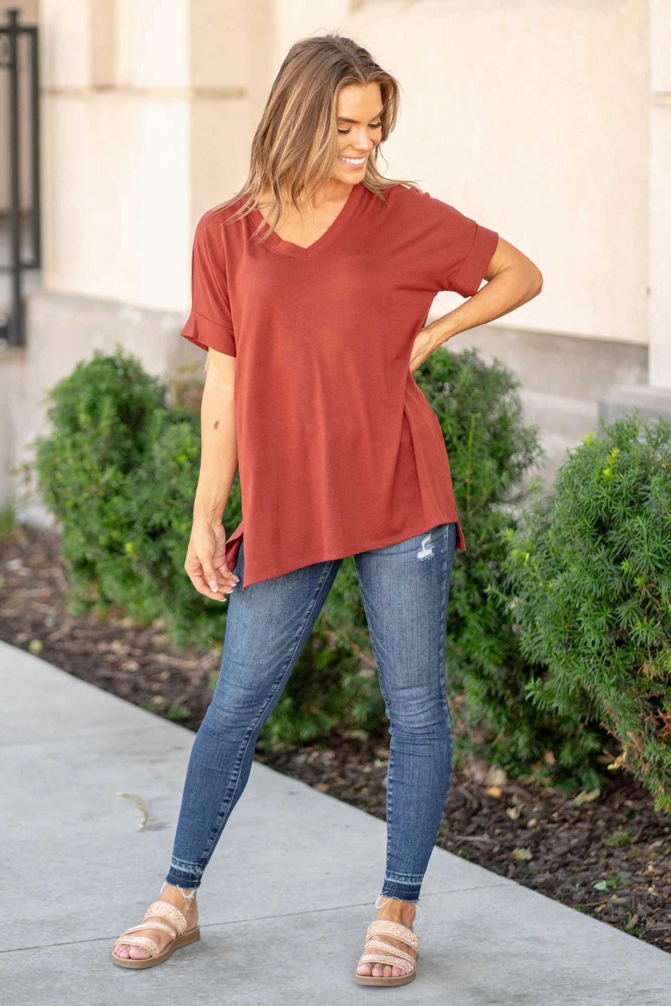 Basic Wear Super Soft  High Low Hem V Neck Top - Dark Rust T-Shirt