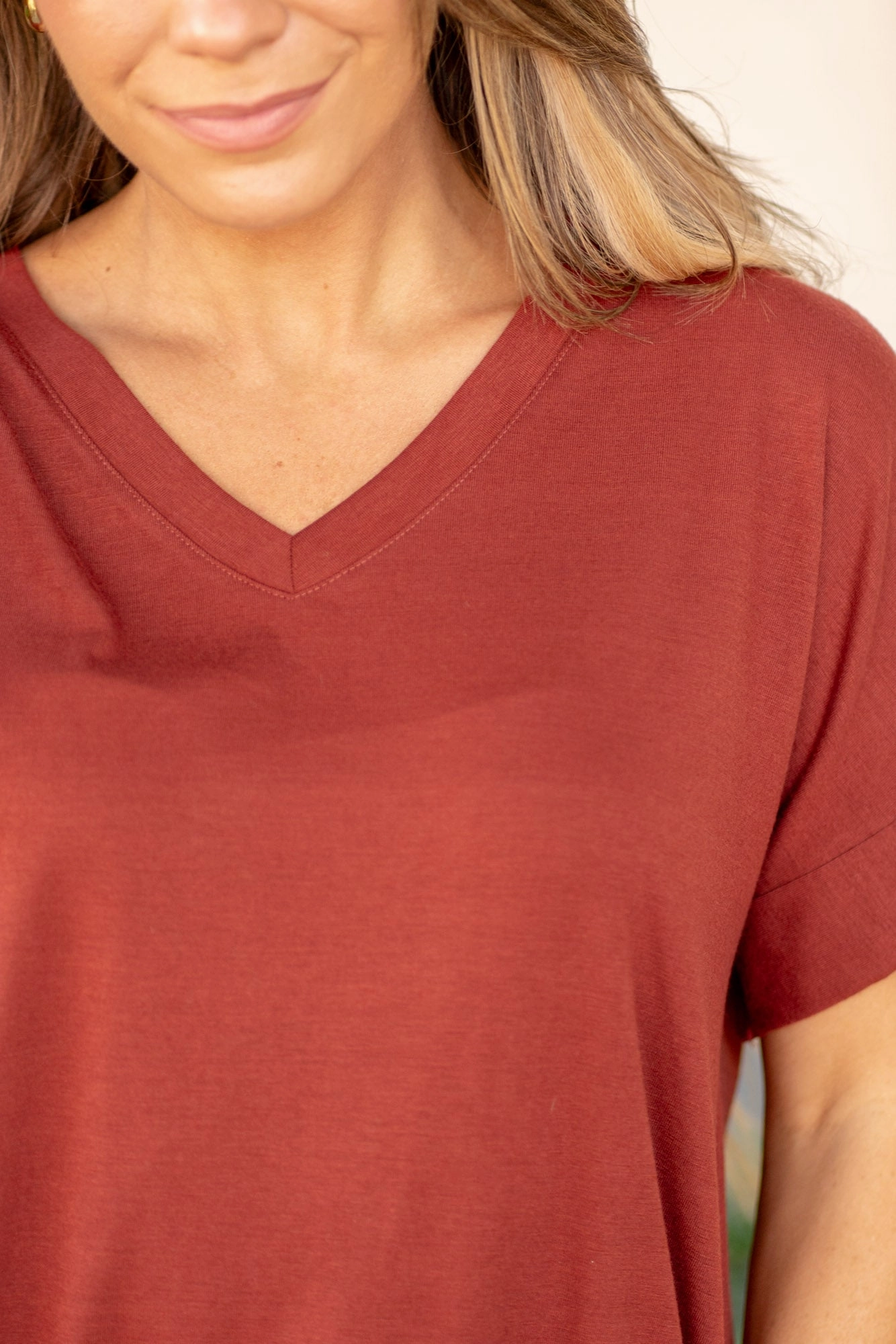 Super Soft  High Low Hem V Neck Top - Dark Rust T-Shirt Ethically Sourced Material Flexible Comfort