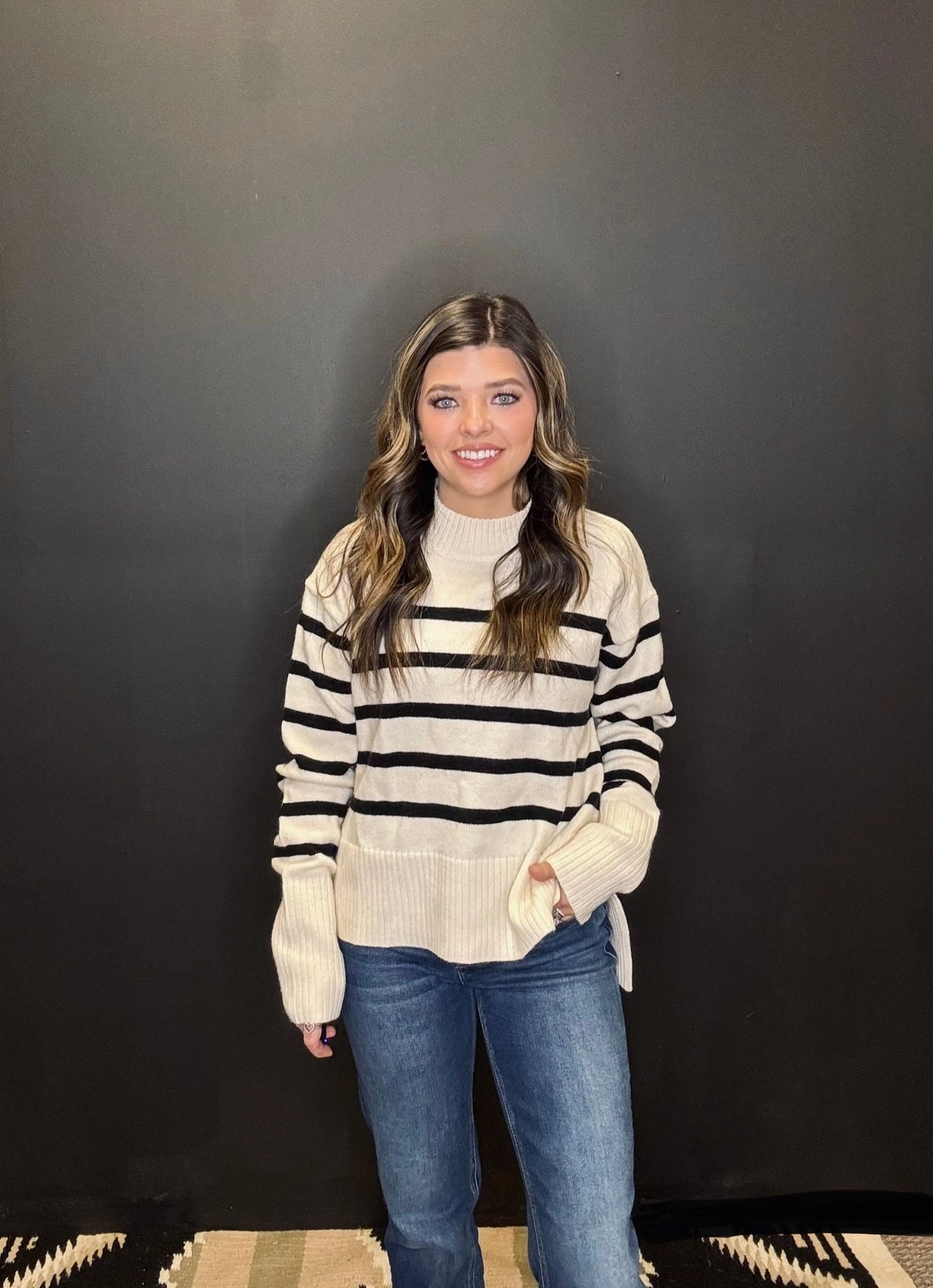 Super Soft Ribbed Striped Mock Neck Loose Fit Sweater- 3 Colors* Stretch Fit Top Resilient Fabric Blend