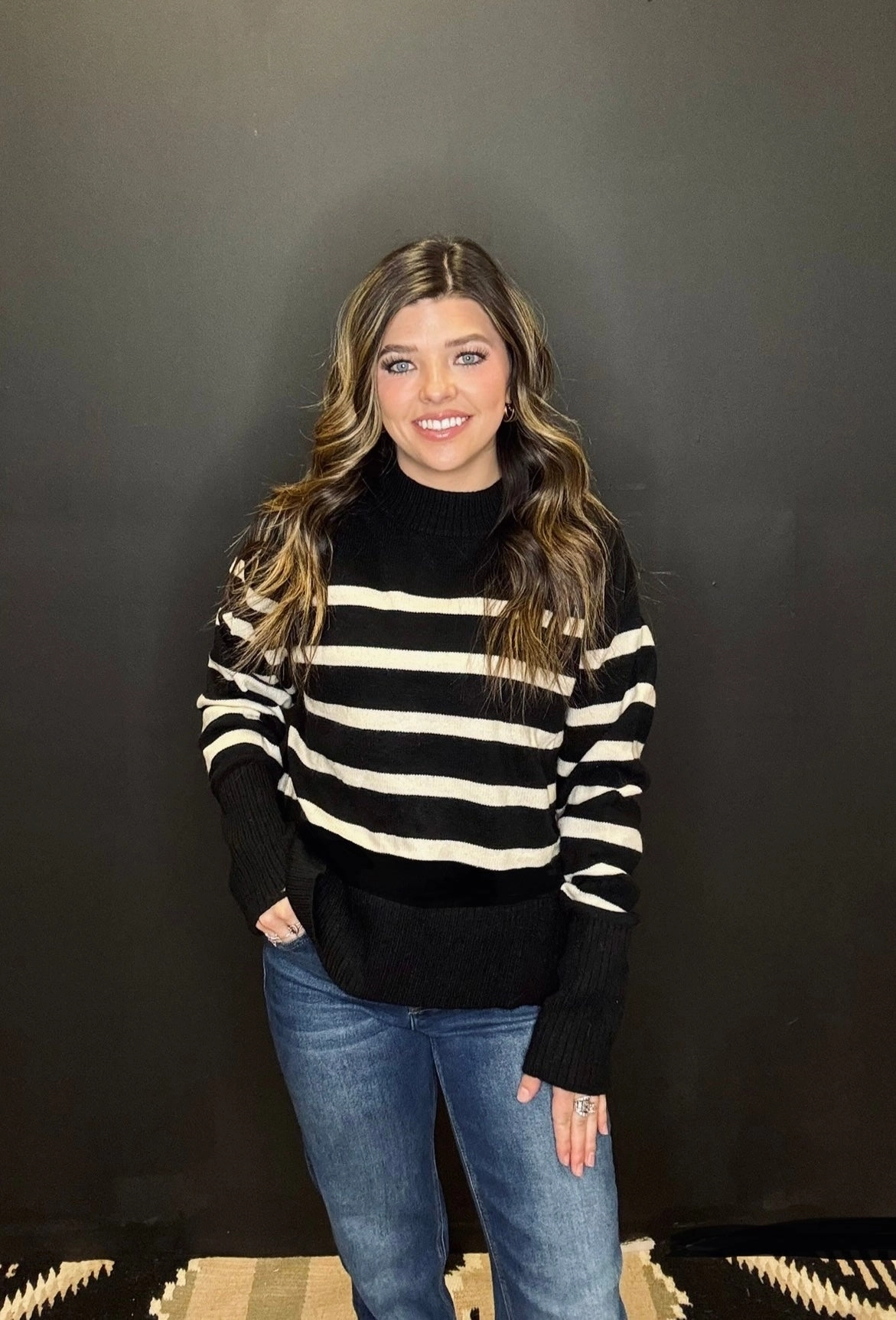 Comfortable Cut Sun Protection Fabric Super Soft Ribbed Striped Mock Neck Loose Fit Sweater- 3 Colors*