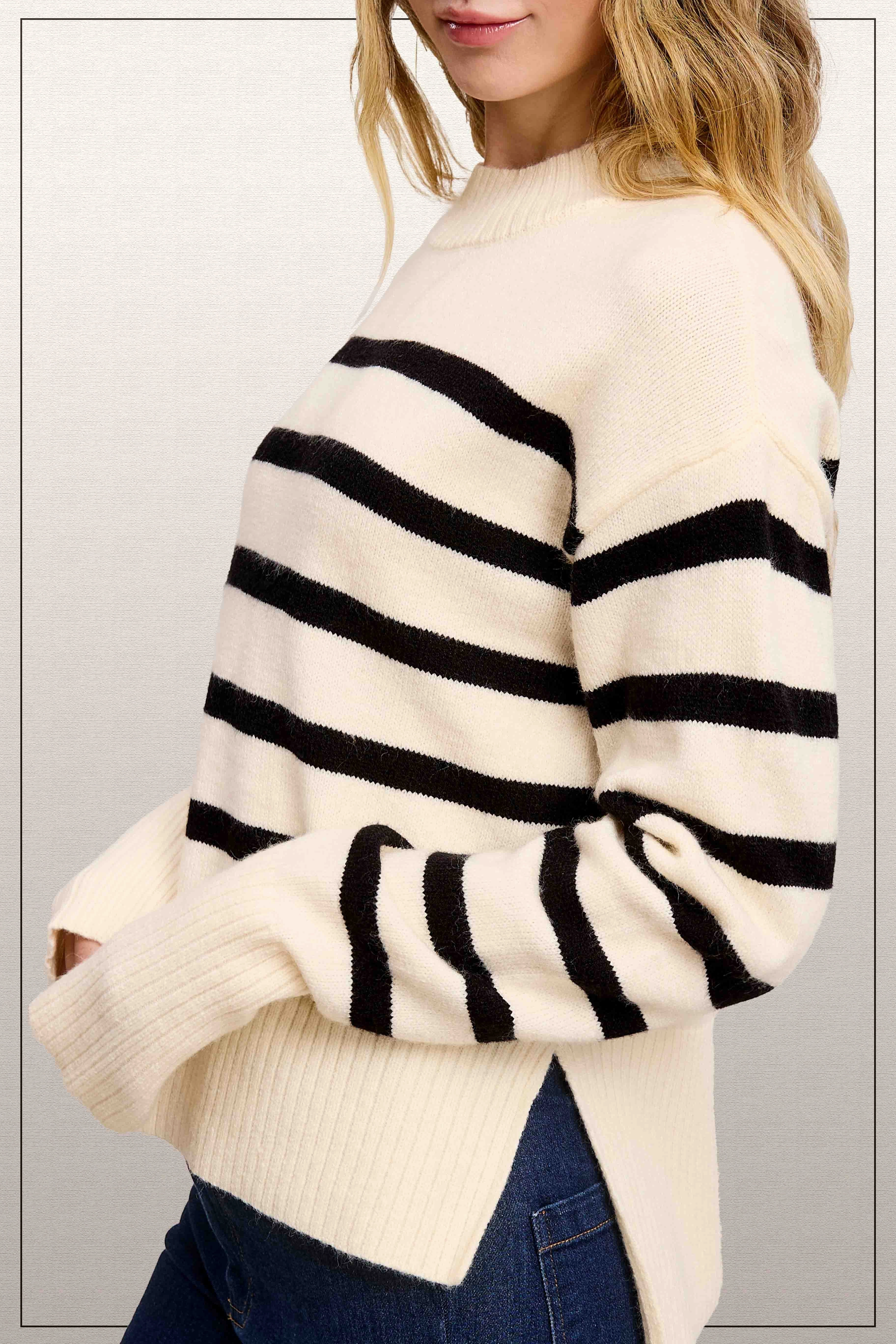 Multi Panel Construction Double Stitched Hem Super Soft Ribbed Striped Mock Neck Loose Fit Sweater- 3 Colors*