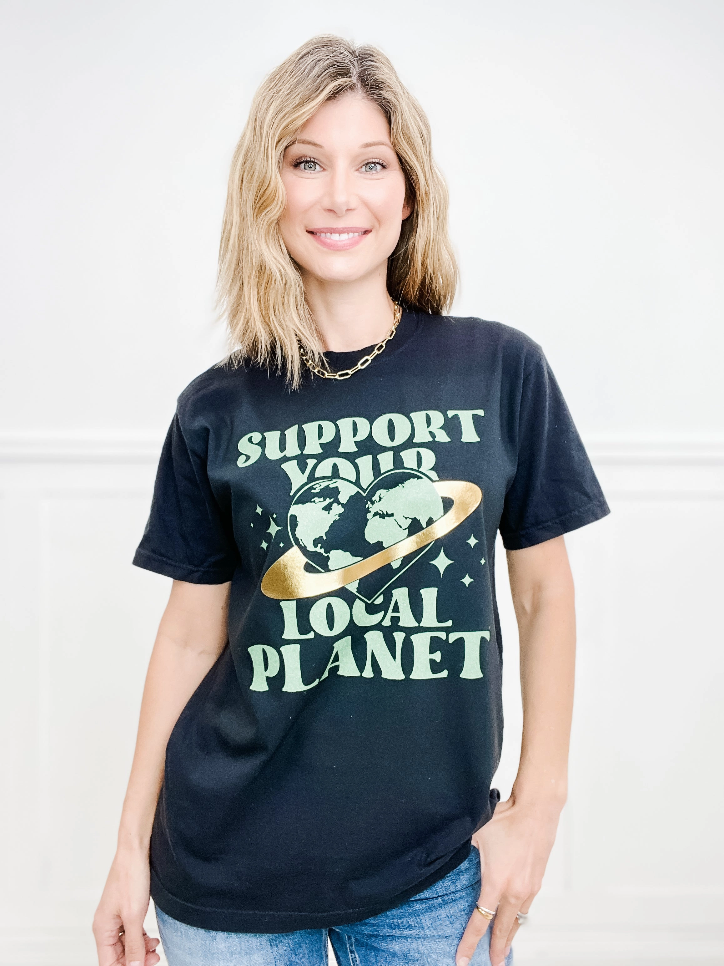 Support Your Local Planet Gold Foil Graphic Tee VNeck Style