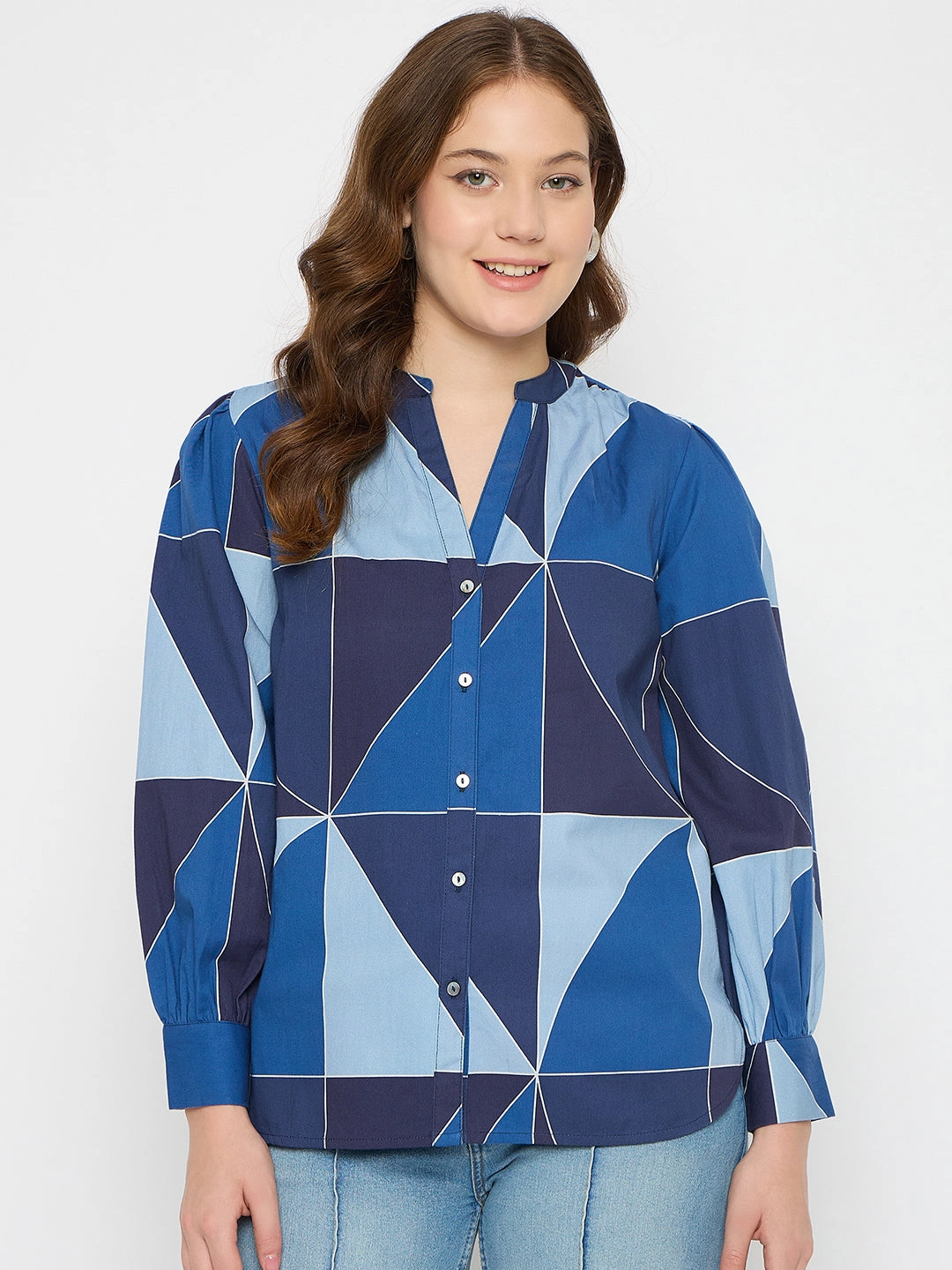 TaglessCollars RibbedTrims Madame Geometric Print Navy Blue Cotton Top