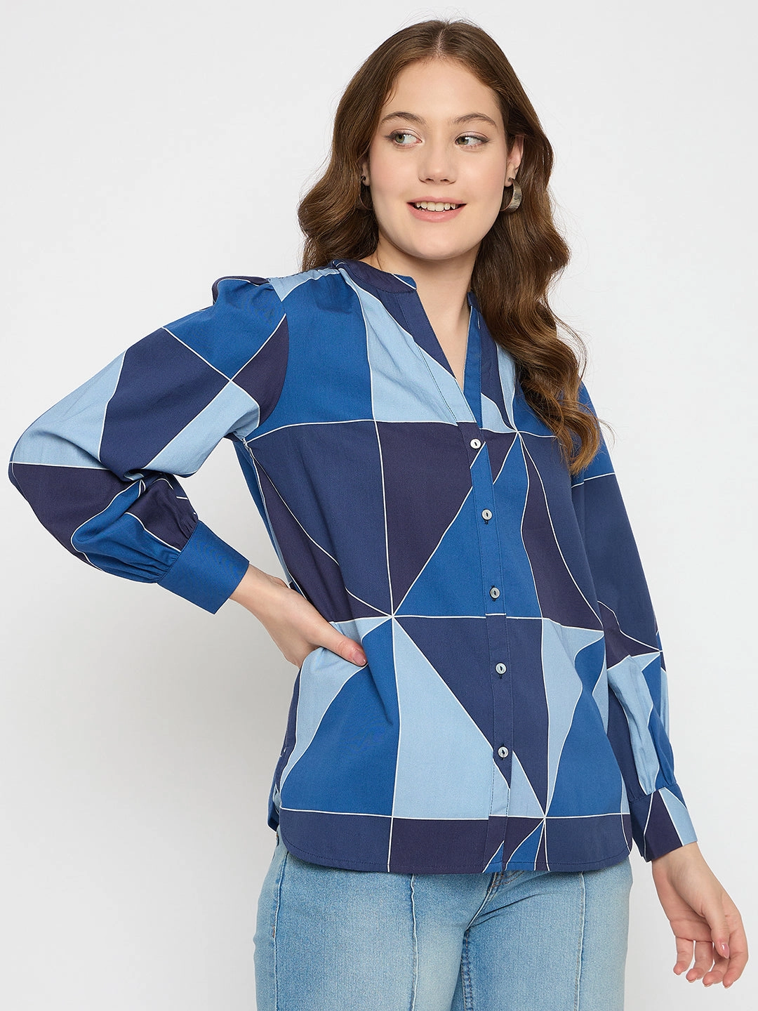 Button Down Collar Style Madame Geometric Print Navy Blue Cotton Top